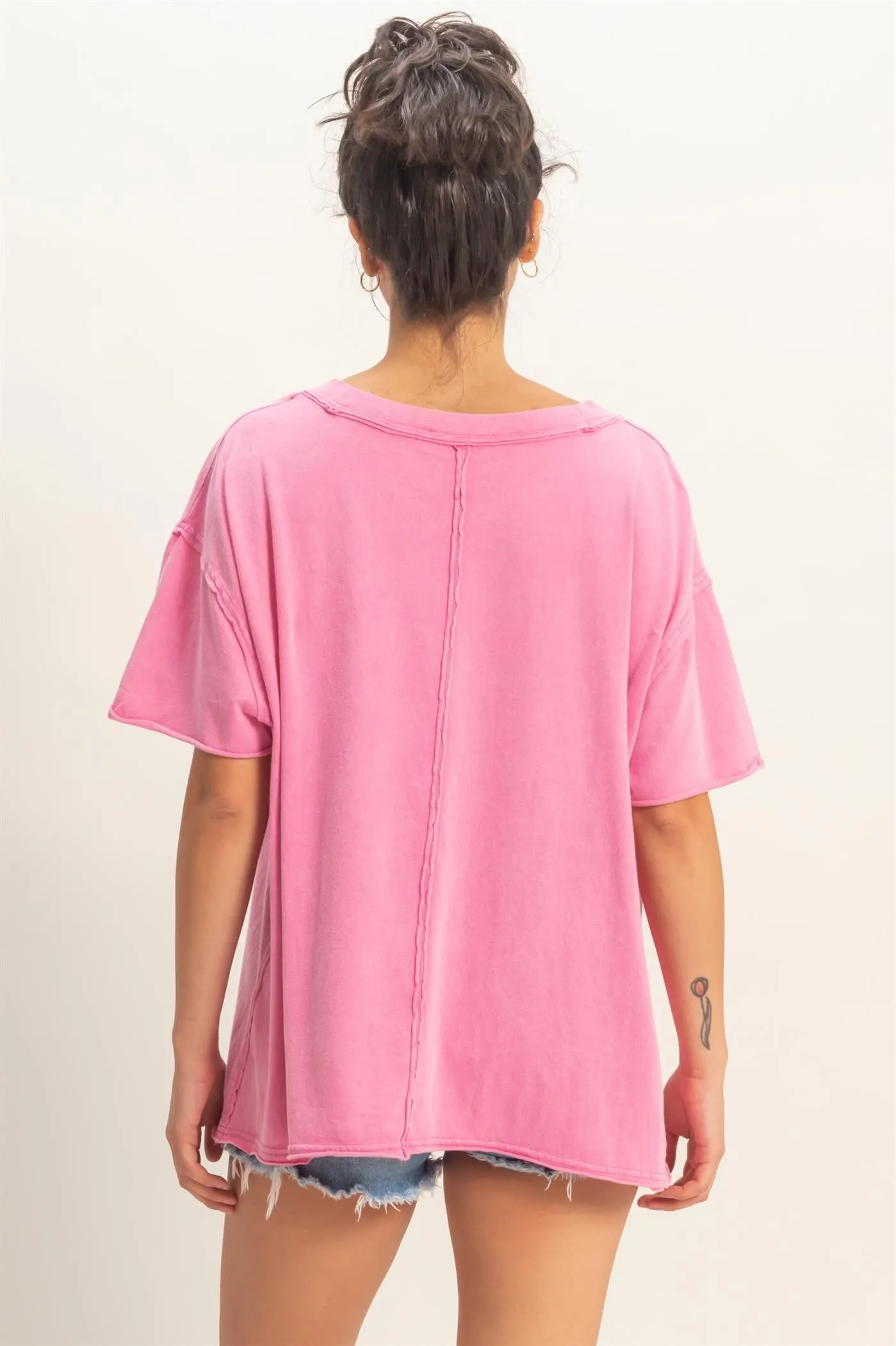 Fuchsia Washed V-Neck Oversized Tee sold by Pinkblush product image thumbnail 4