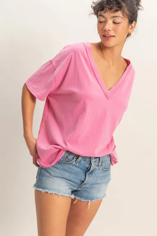 Fuchsia Washed V-Neck Oversized Tee made by HYFVE