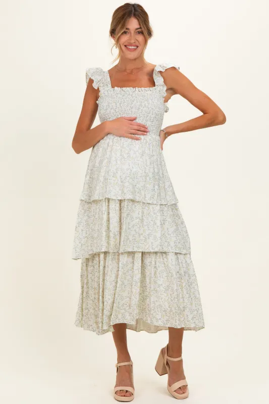 Ivory Floral Smocked Flowy Tier Maternity Midi Dress made by Pinkblush