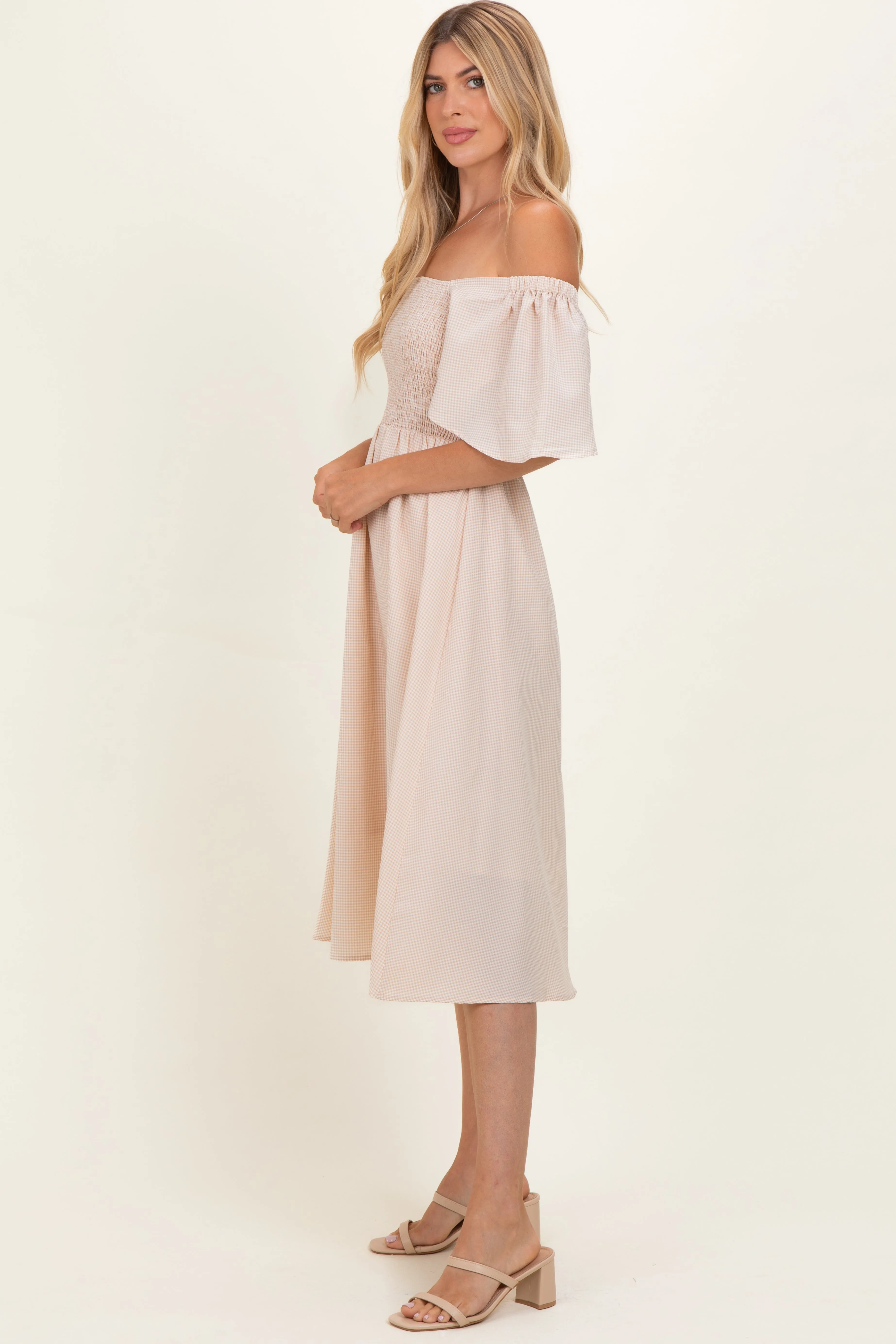 Biege Gingham Smocked Midi Dress sold by Pinkblush product image thumbnail 2