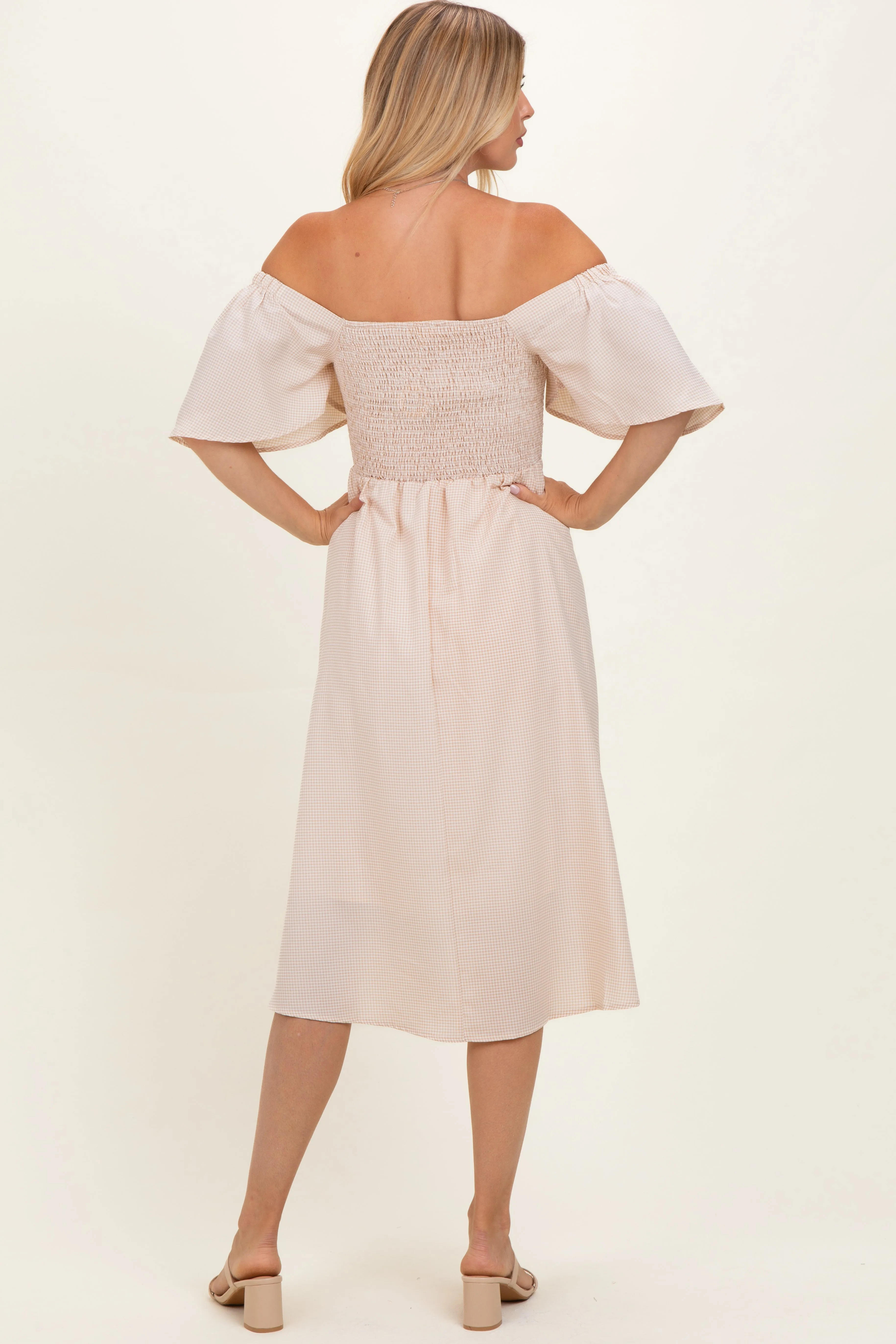 Biege Gingham Smocked Midi Dress sold by Pinkblush product image thumbnail 3