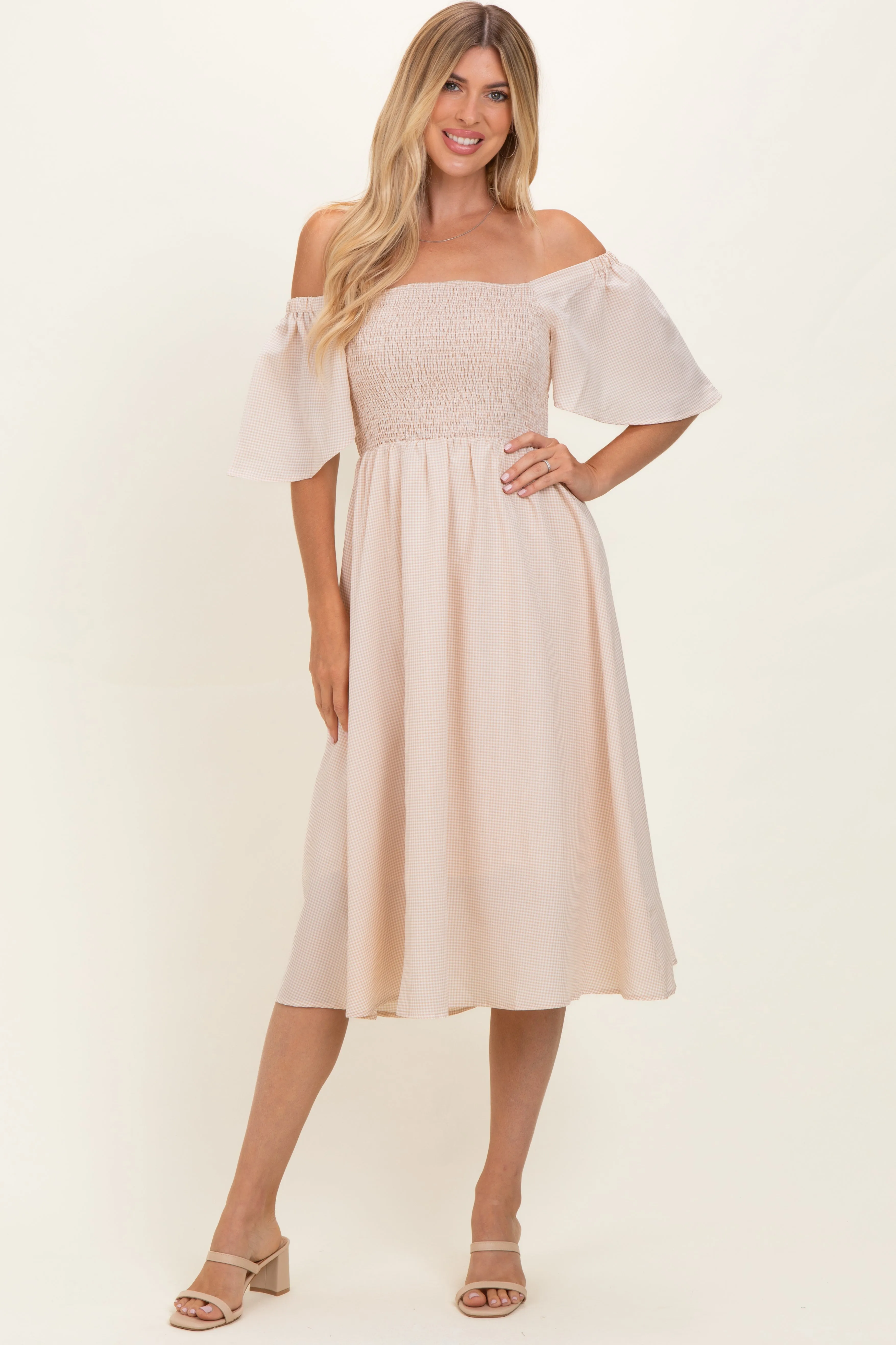Biege Gingham Smocked Midi Dress sold by Pinkblush