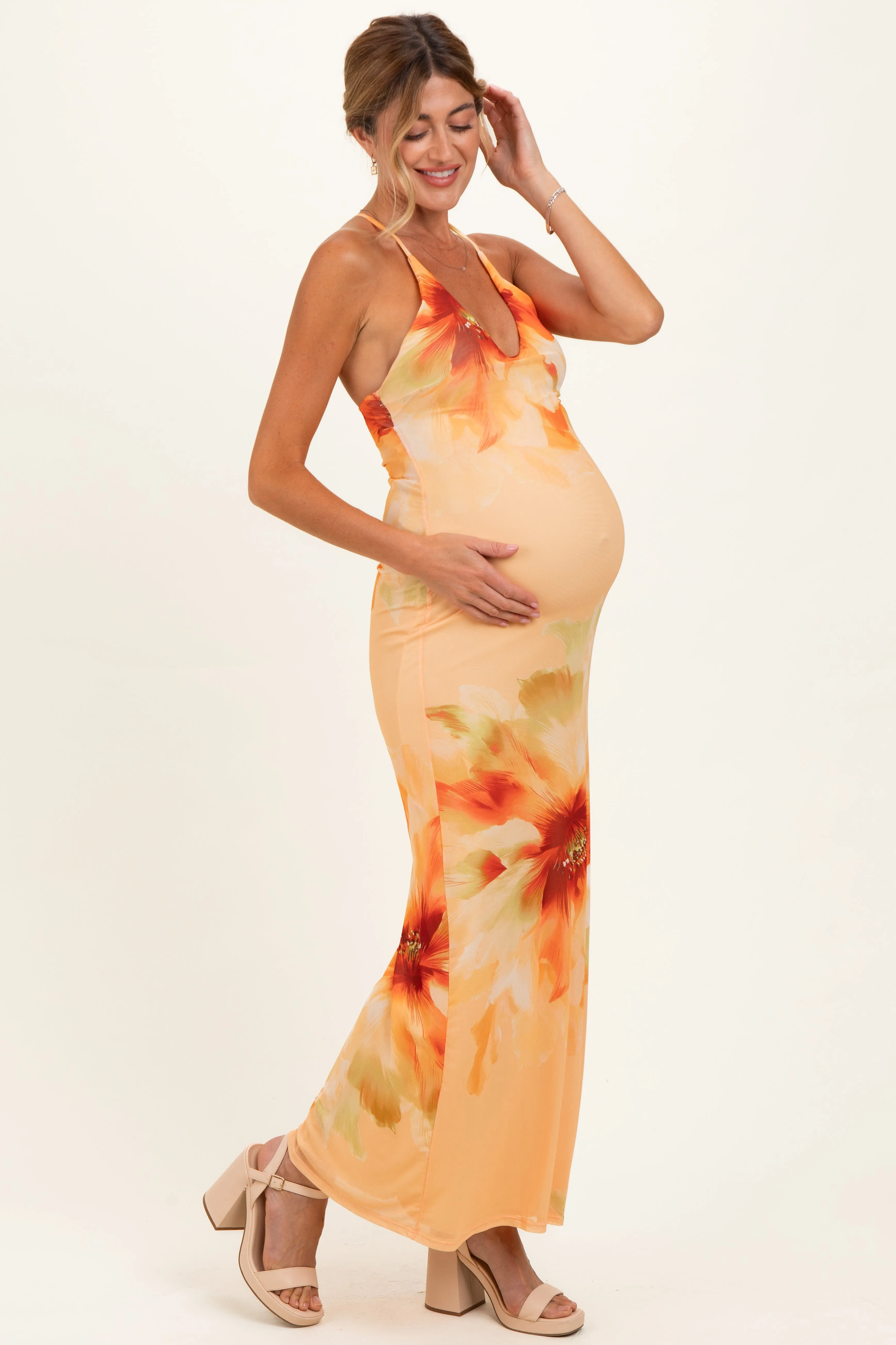 Peach Floral Deep V-Neck Maternity Maxi Dress sold by Pinkblush product image thumbnail 2