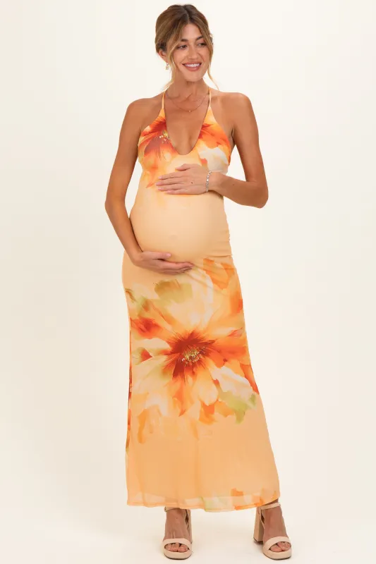 Peach Floral Deep V-Neck Maternity Maxi Dress made by Pinkblush