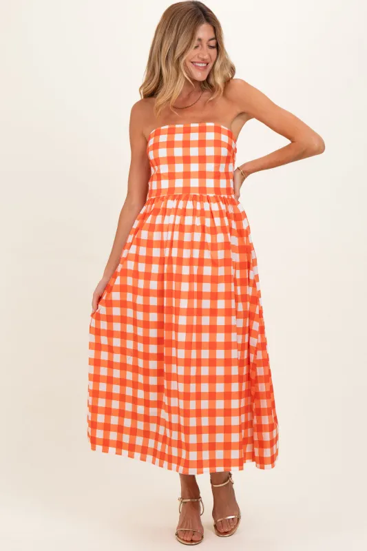 Orange Gingham Strapless Maternity Midi Dress made by entro