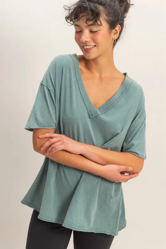 Teal Washed V-Neck Oversized Tee made by HYFVE