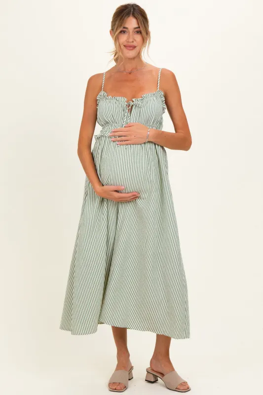 Olive Striped Front Tie Cutout Ruffle Maternity Midi Dress made by Pinkblush
