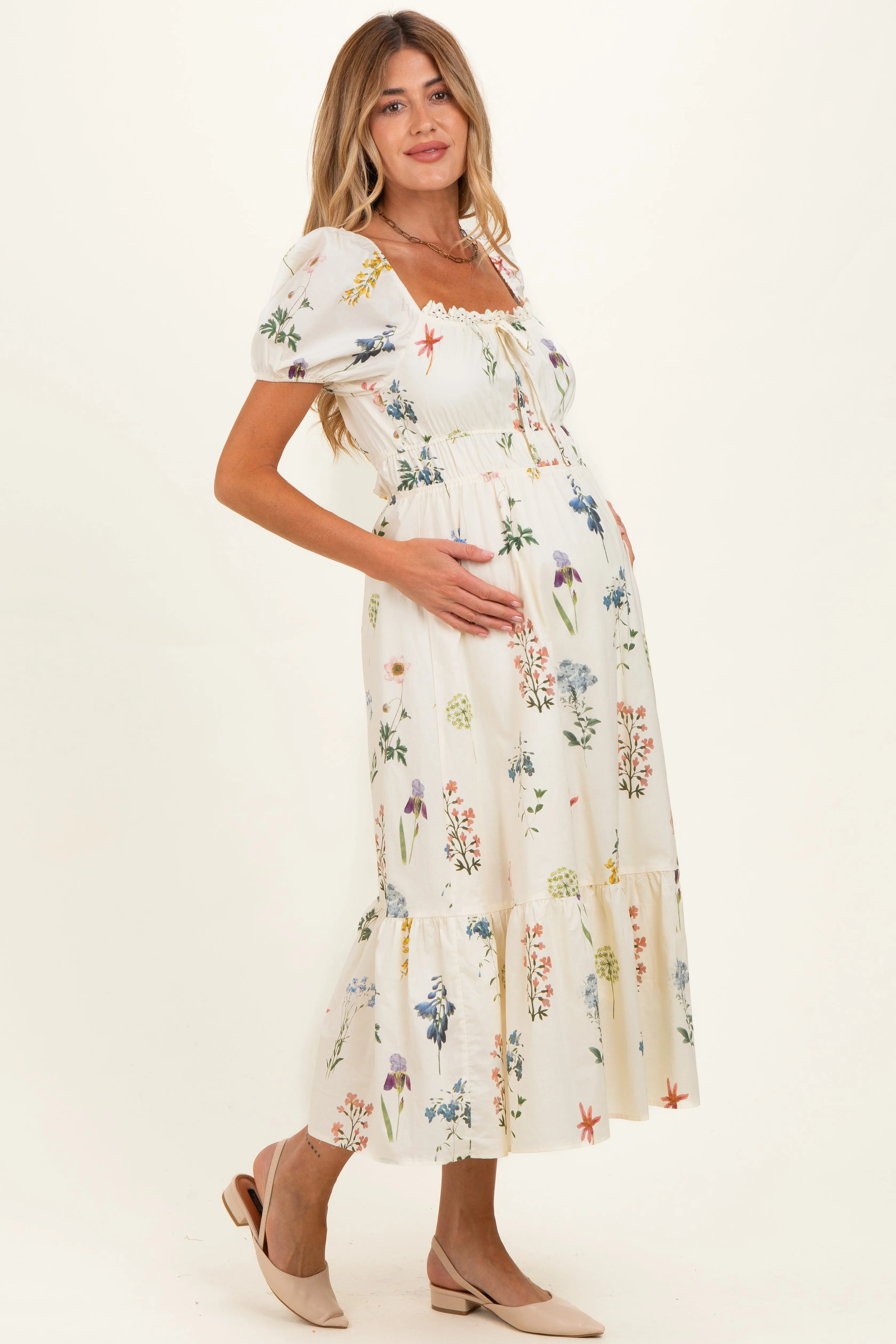 Ivory Floral Puff Sleeve Maternity Midi Dress sold by Pinkblush product image thumbnail 2