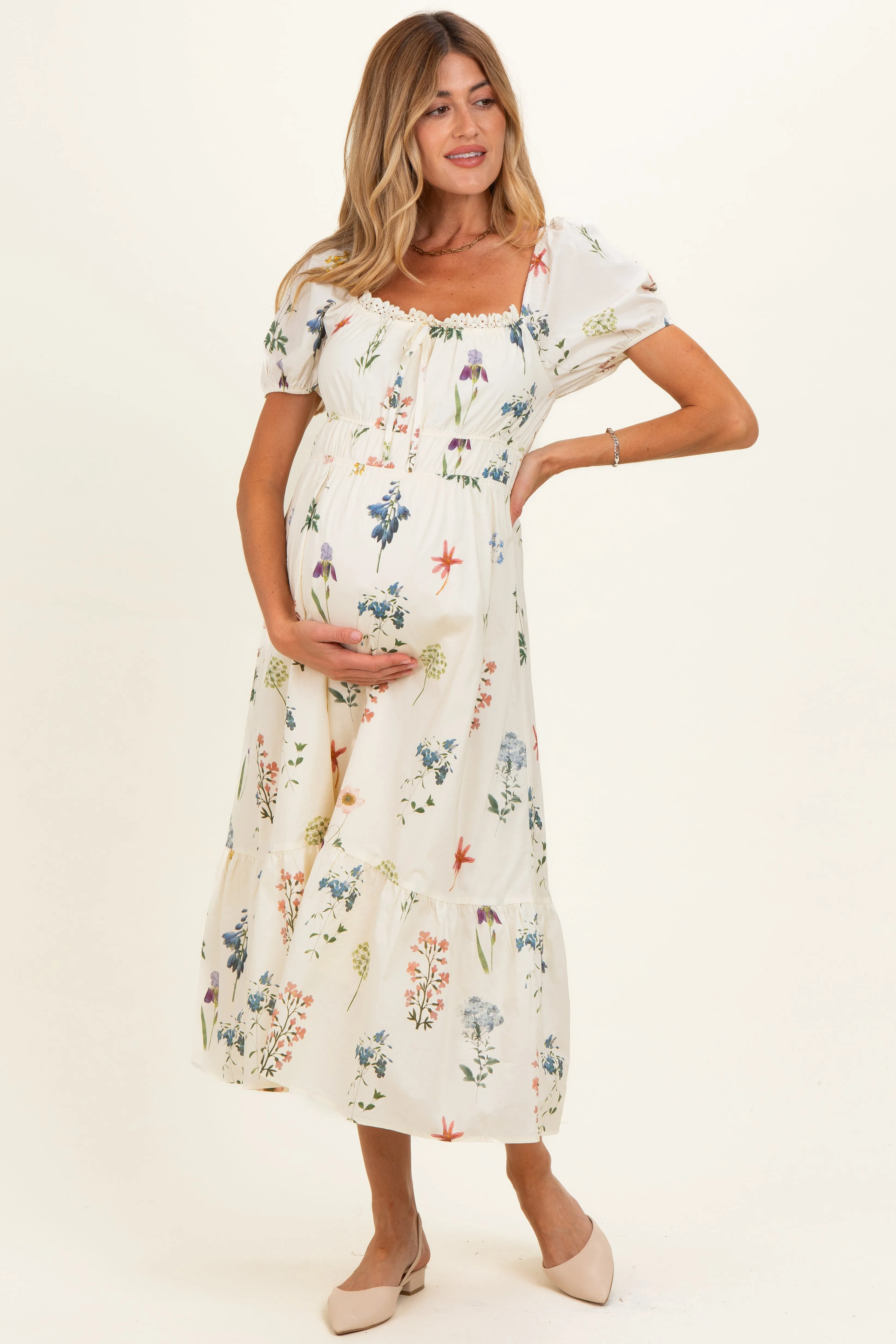 Ivory Floral Puff Sleeve Maternity Midi Dress sold by Pinkblush