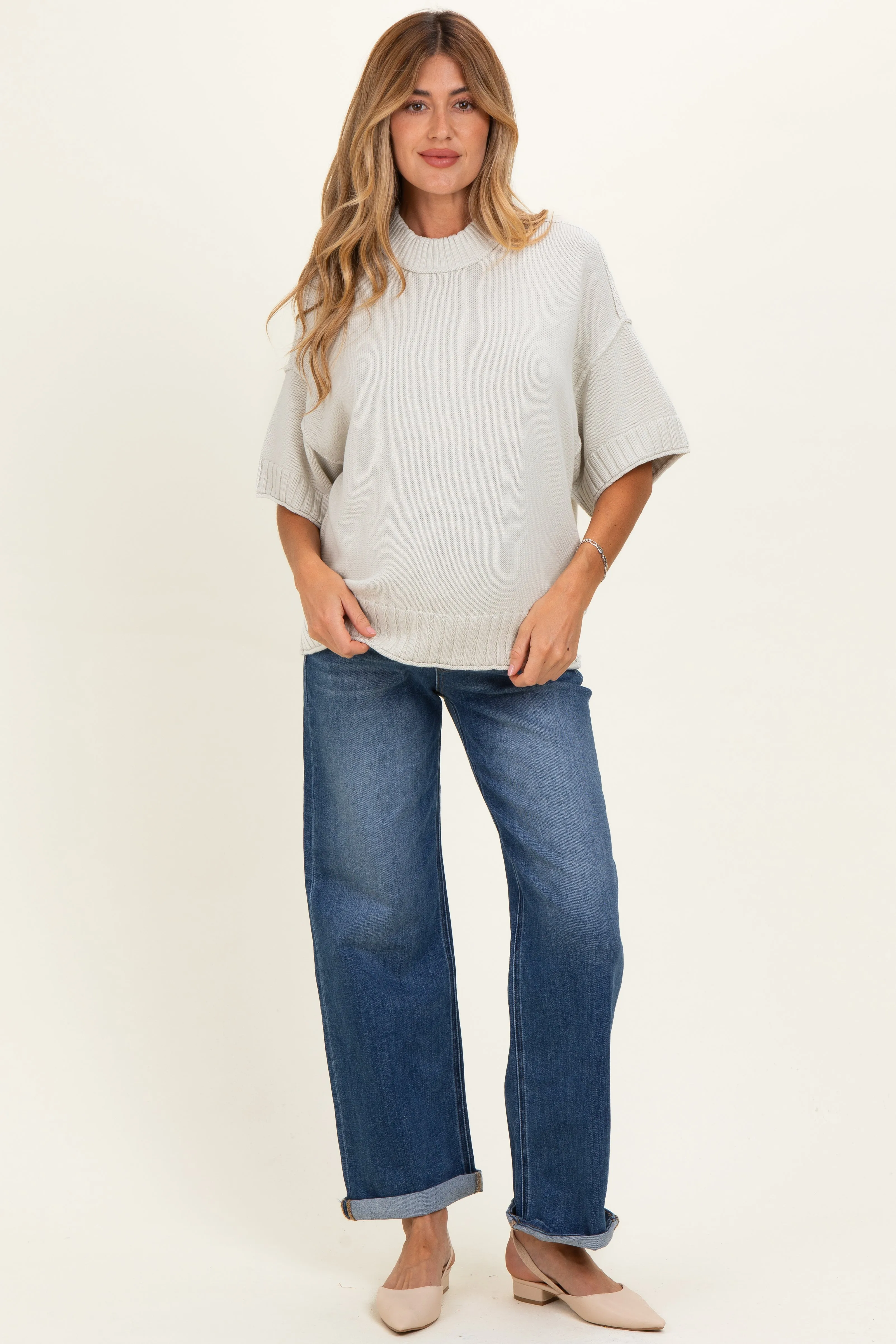Light Silver Oversized Mock Neck Short Sleeve Maternity Sweater sold by Pinkblush product image thumbnail 2