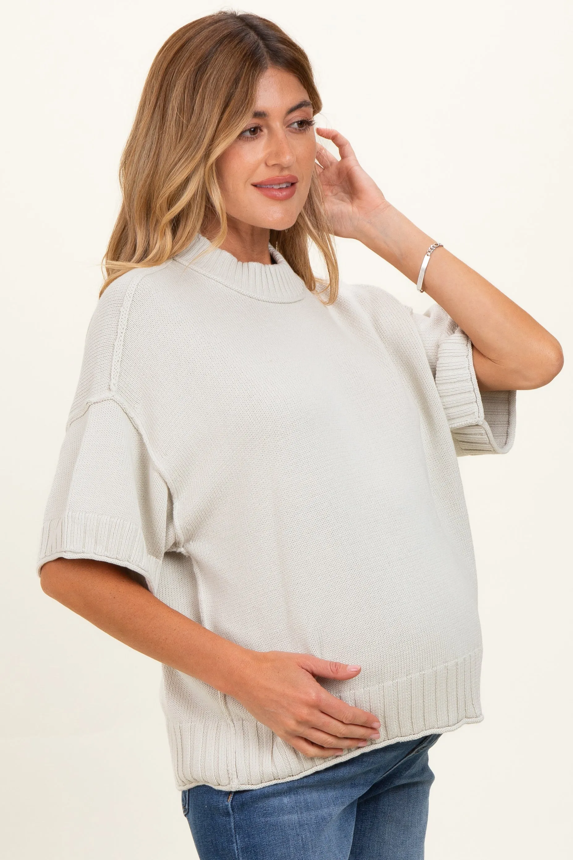 Light Silver Oversized Mock Neck Short Sleeve Maternity Sweater sold by Pinkblush product image thumbnail 3