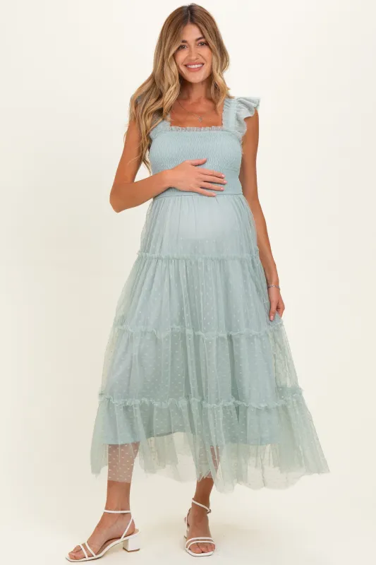 Sage Smocked Polka Dot Tulle Maternity Midi Dress made by Blu Pepper