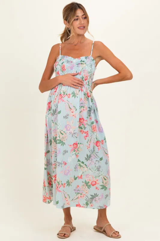 Aqua Multi Floral Print Smocked Chest Maternity Maxi Dress made by Hem & Thread