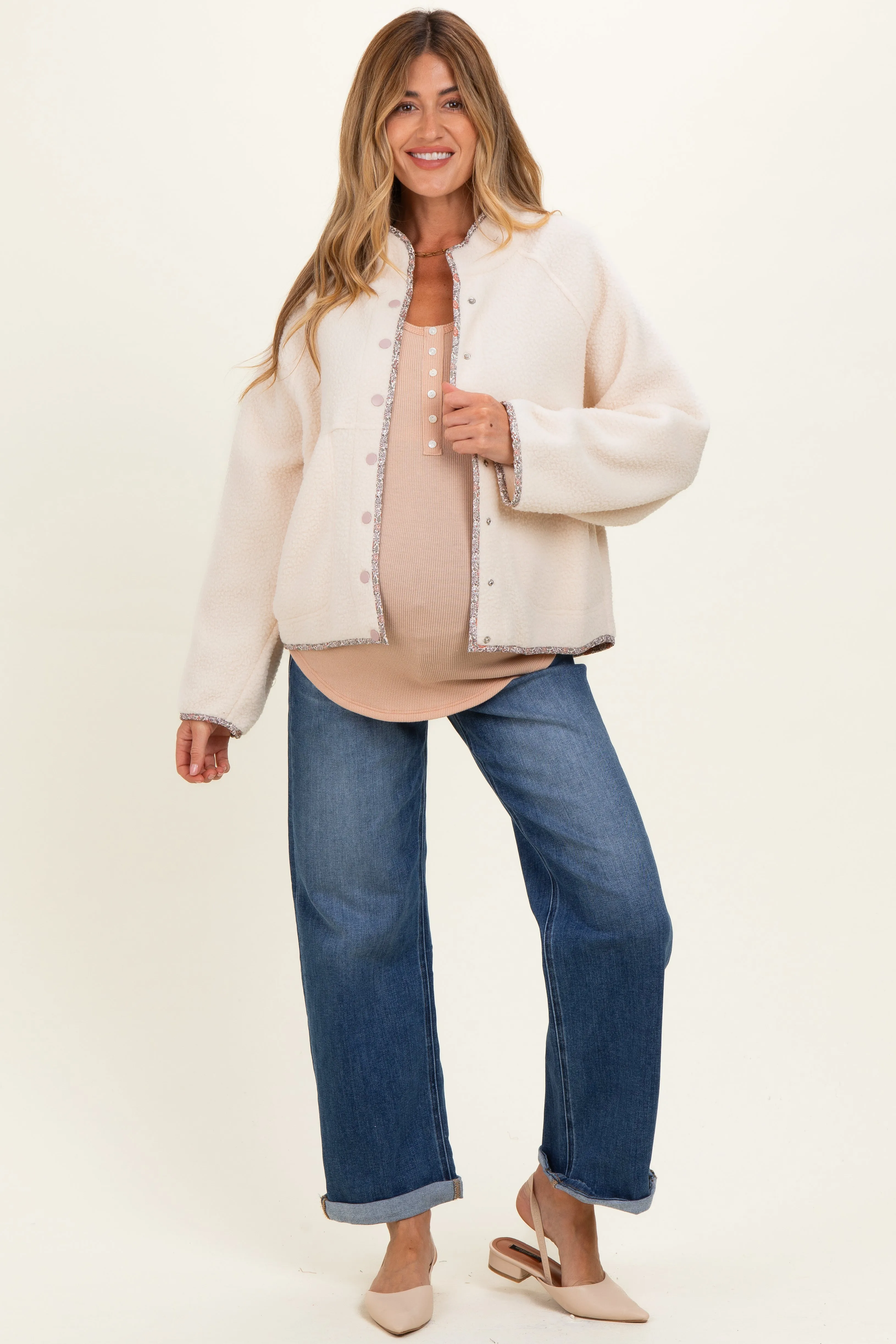 Ivory Floral Trim Fleece Snap Button Maternity Jacket sold by Pinkblush product image thumbnail 2