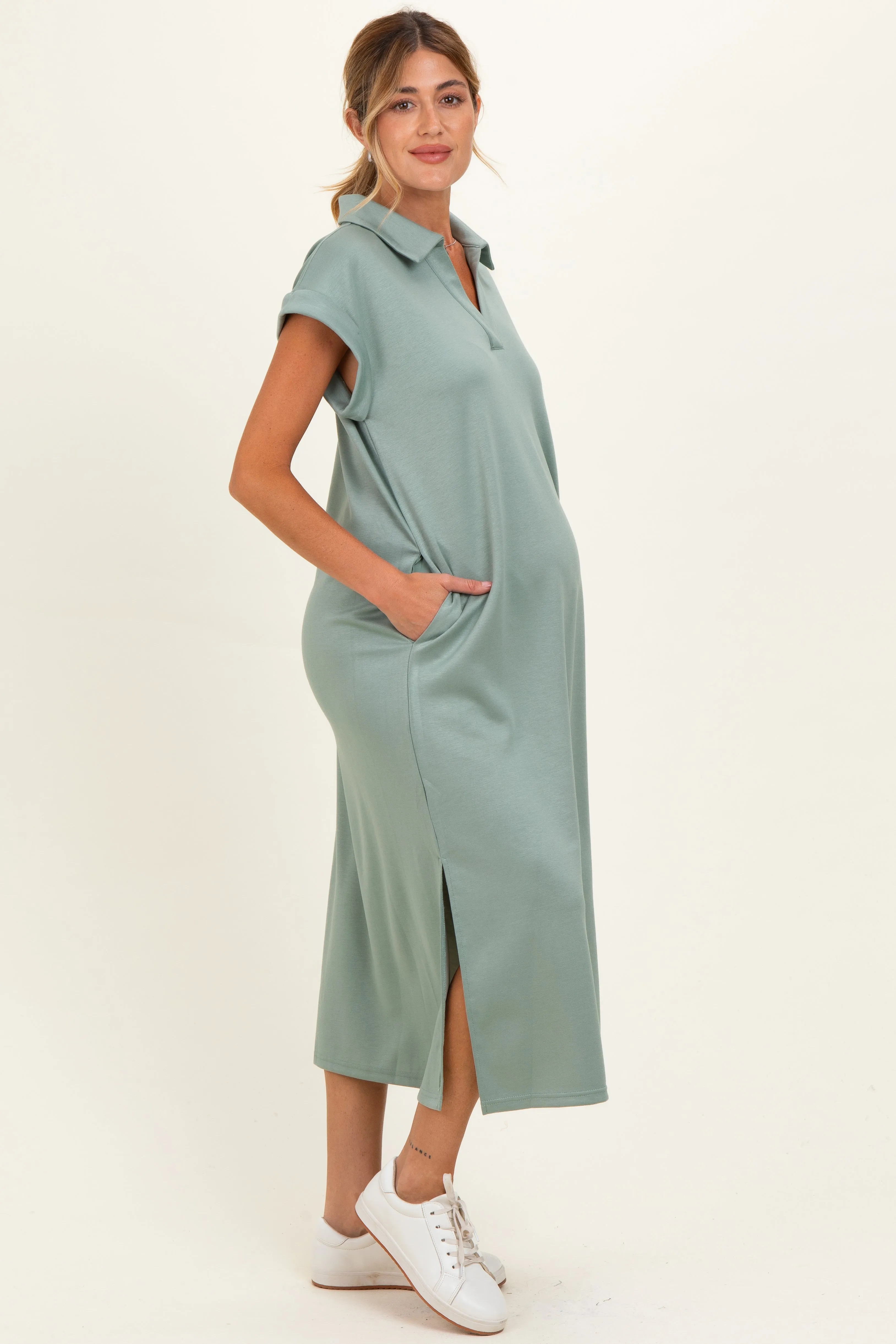 Sage Collared Oversized Maternity Midi Dress sold by Pinkblush product image thumbnail 2