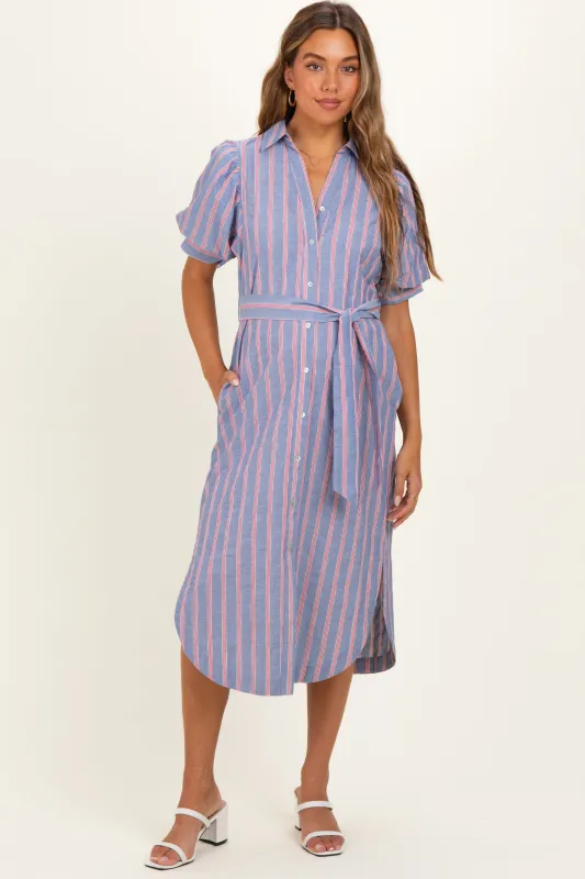 Blue Striped Puff Sleeve Maternity Midi Shirt Dress made by entro