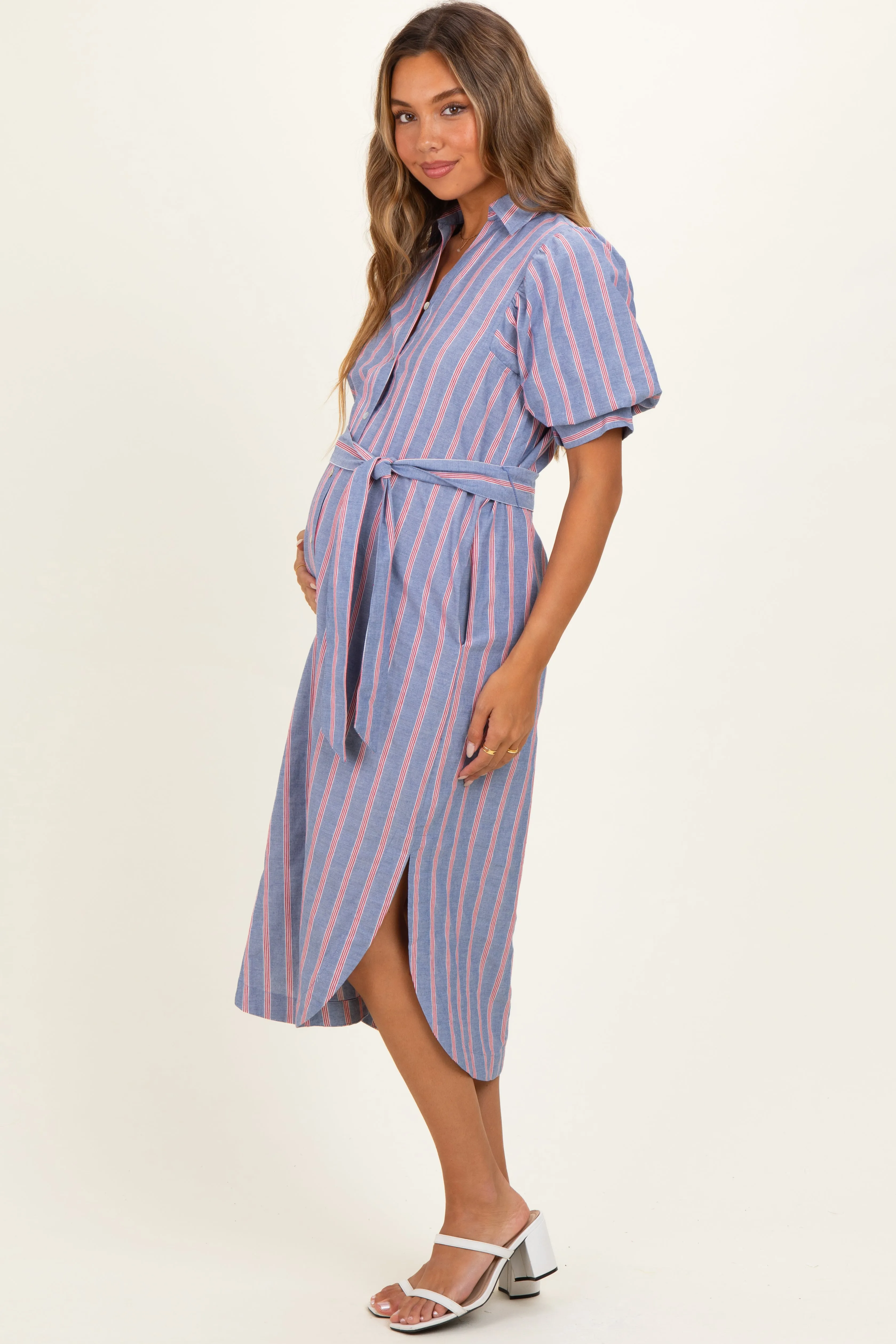 Blue Striped Puff Sleeve Maternity Midi Shirt Dress sold by Pinkblush product image thumbnail 2