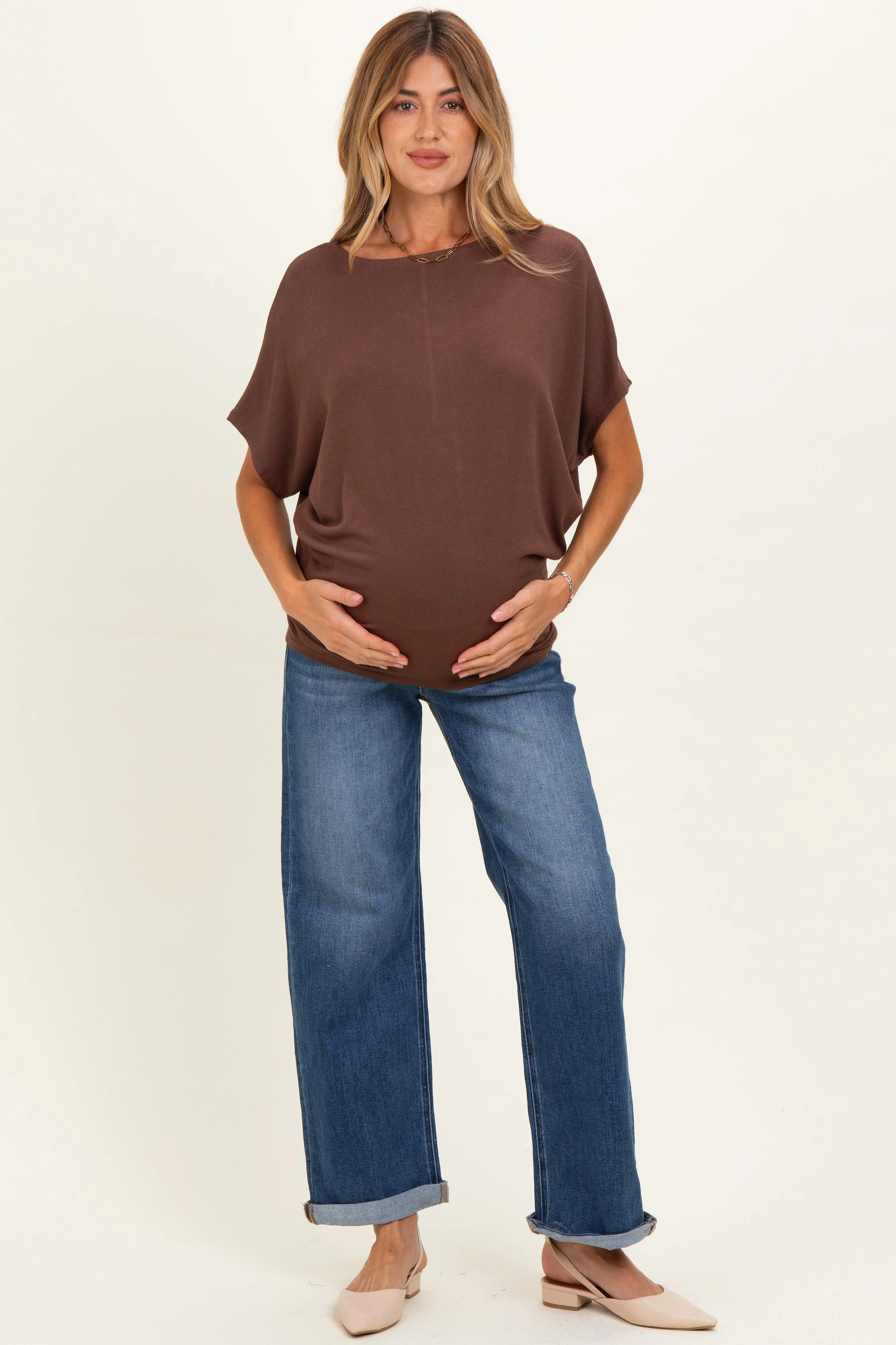 Brown Dolman Sleeve Boat Neck Maternity Top sold by Pinkblush product image thumbnail 2