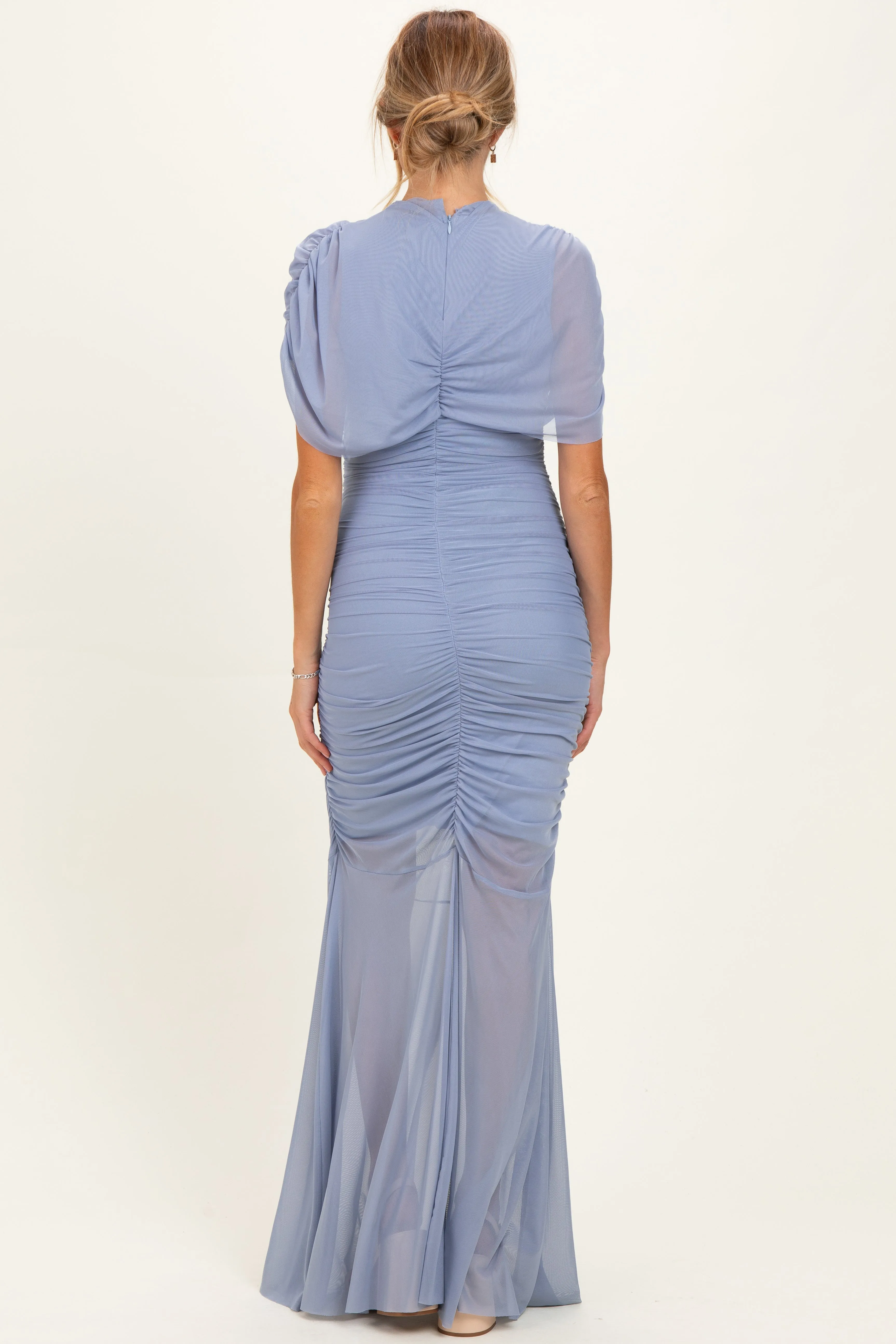 Blue Draped Bodice Ruched Mesh Maternity Maxi Dress sold by Pinkblush product image thumbnail 4