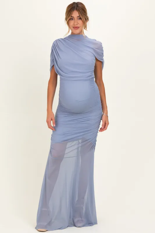 Blue Draped Bodice Ruched Mesh Maternity Maxi Dress made by Fore Collection