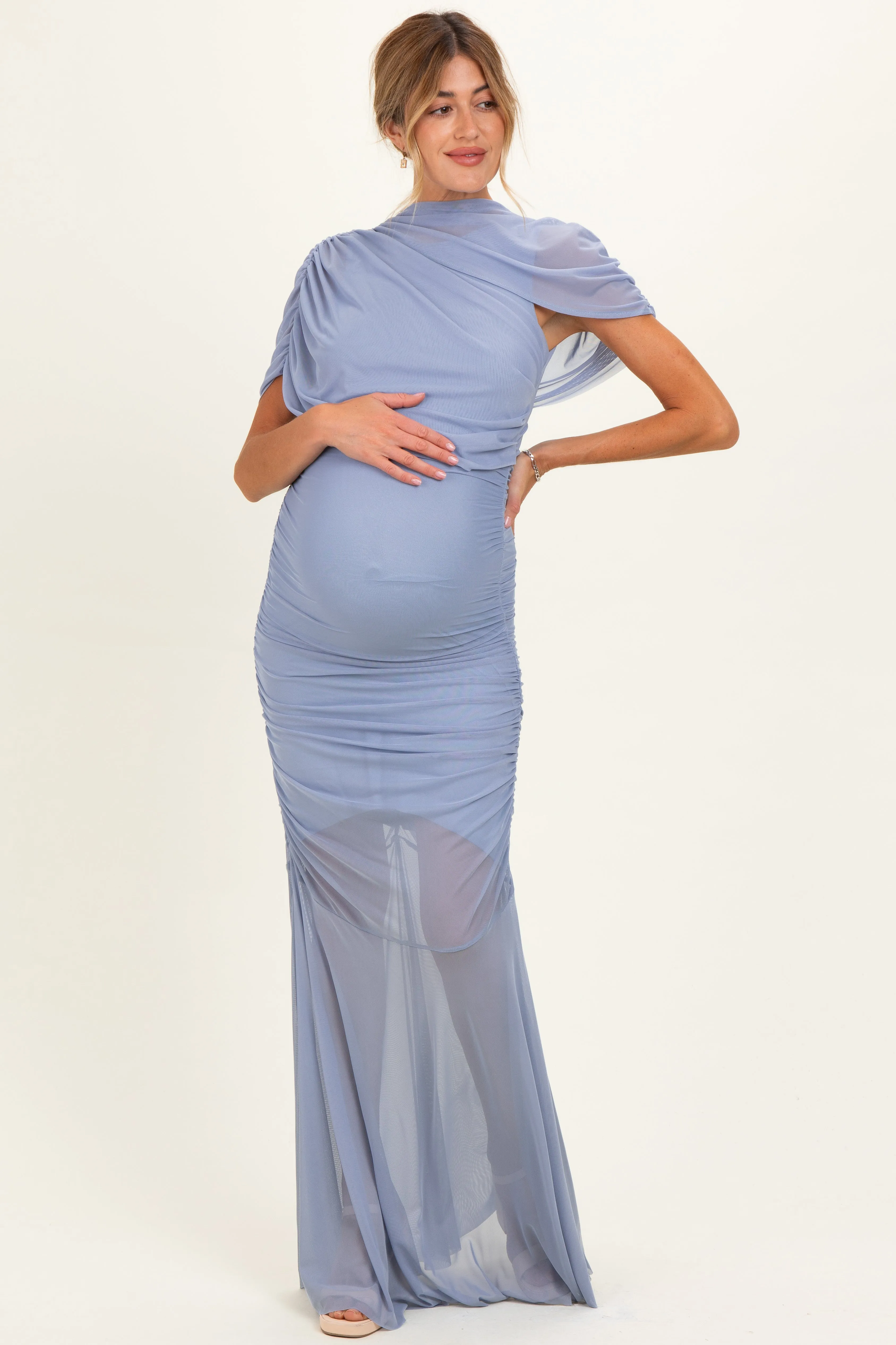 Blue Draped Bodice Ruched Mesh Maternity Maxi Dress sold by Pinkblush product image thumbnail 2