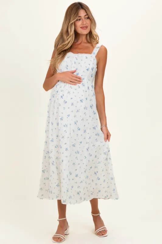 Blue Floral Lace Accent Sleeveless Maternity Maxi Dress made by Blu Pepper