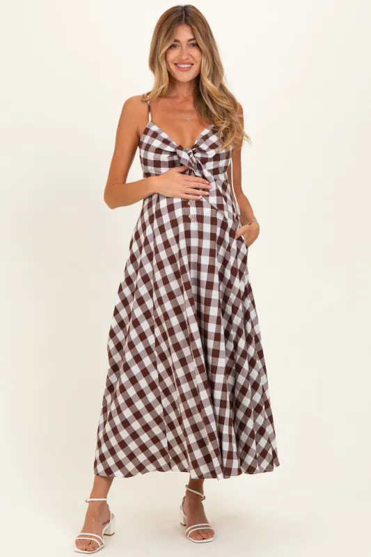 Chocolate Gingham Tie Front Racerback Maternity Midi Dress made by Mustard Seed
