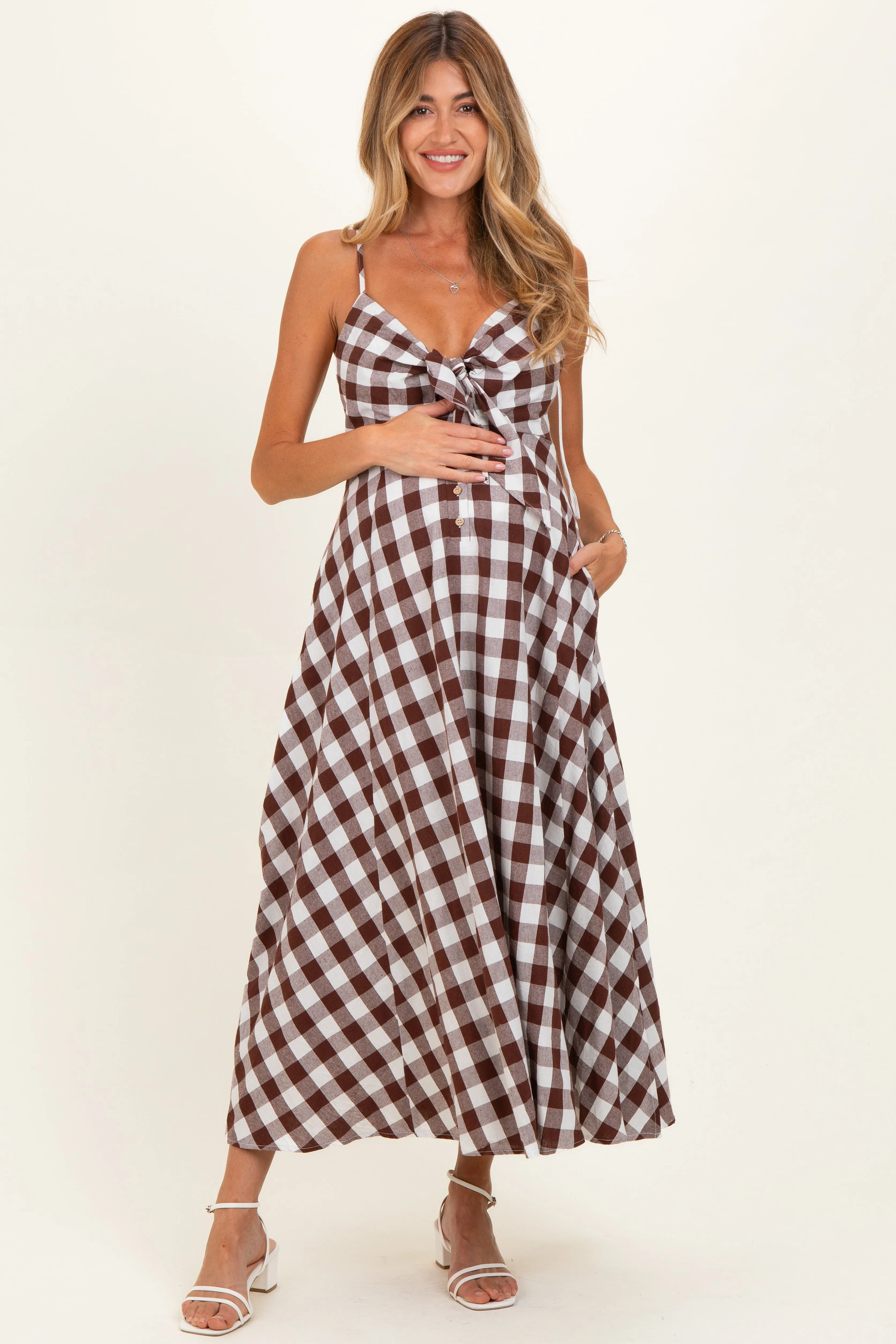 Chocolate Gingham Tie Front Racerback Maternity Midi Dress sold by Pinkblush