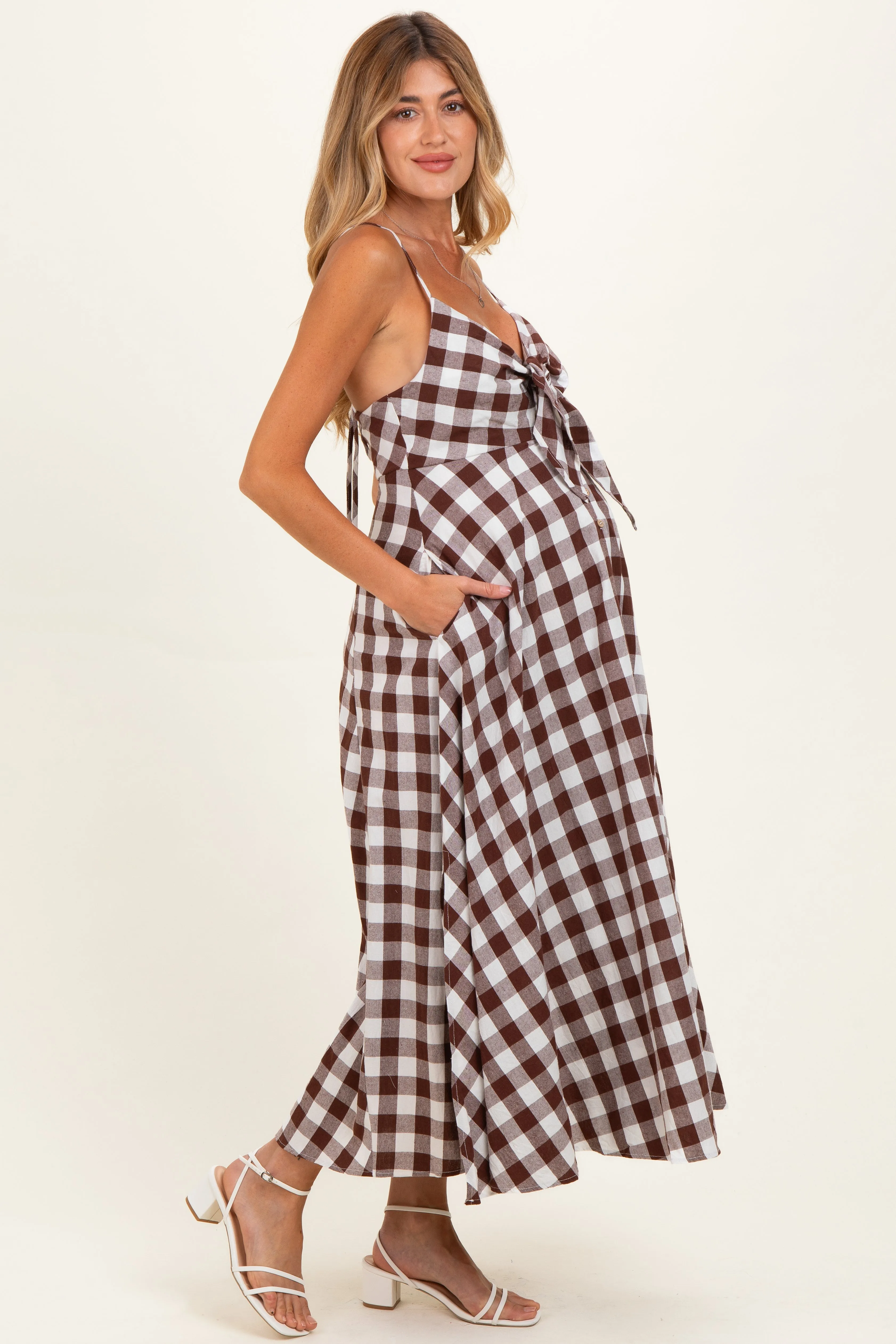 Chocolate Gingham Tie Front Racerback Maternity Midi Dress sold by Pinkblush product image thumbnail 2