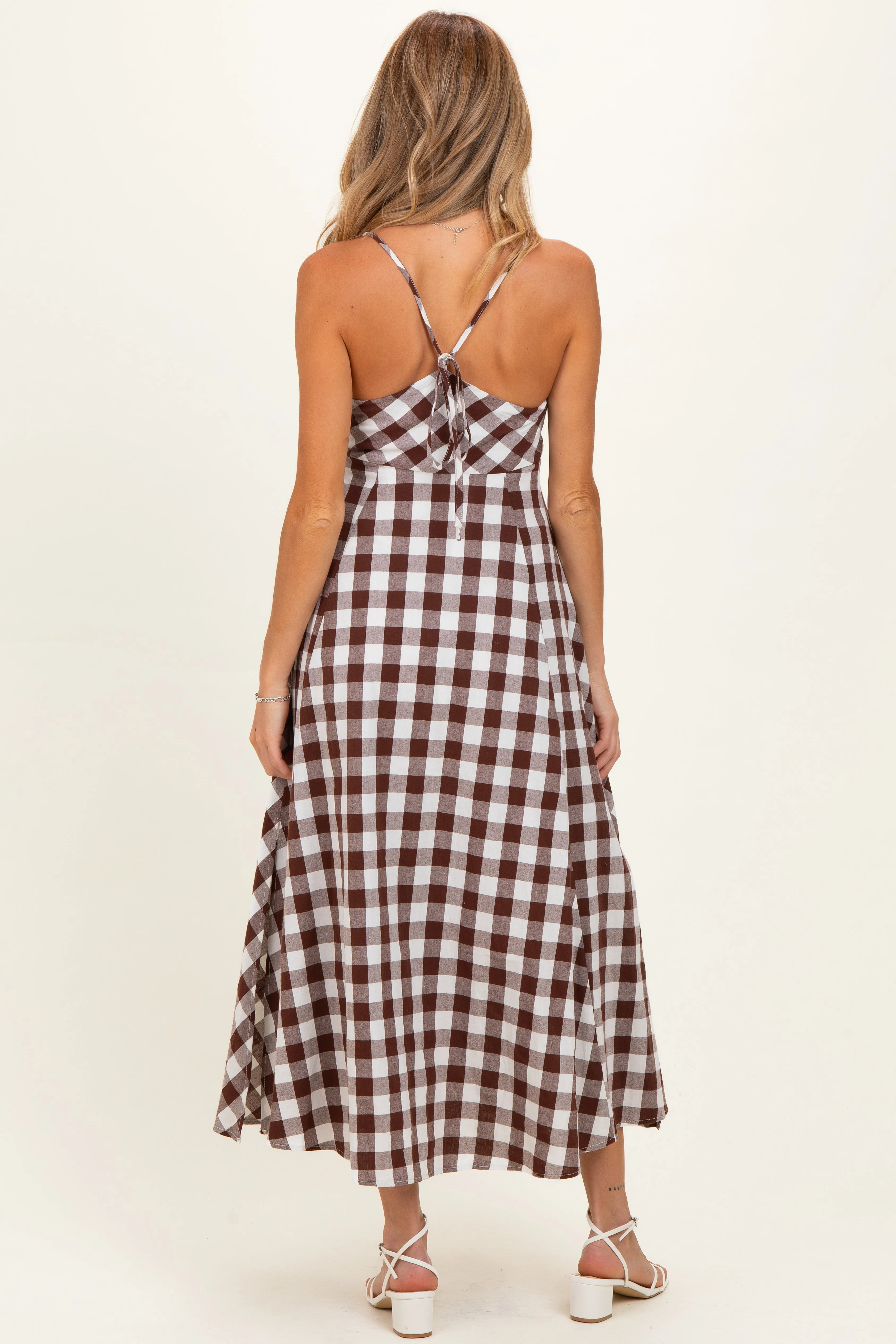 Chocolate Gingham Tie Front Racerback Maternity Midi Dress sold by Pinkblush product image thumbnail 3