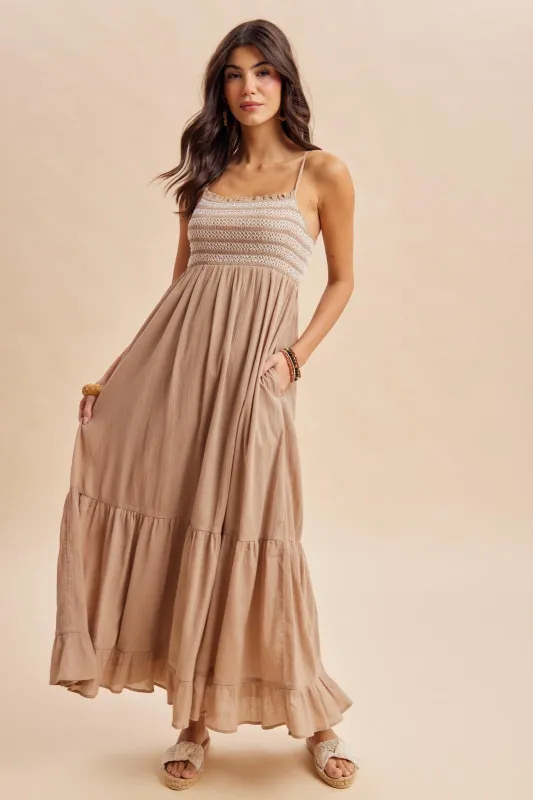 Beach Sand Embroidered Smocked Maxi Dress made by Inloom