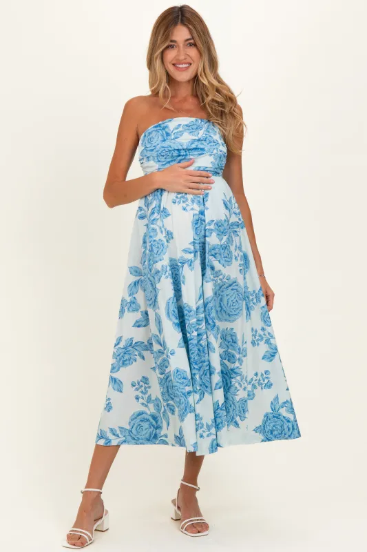Blue Blossom Print Strapless Maternity Maxi Dress made by Olivaceous