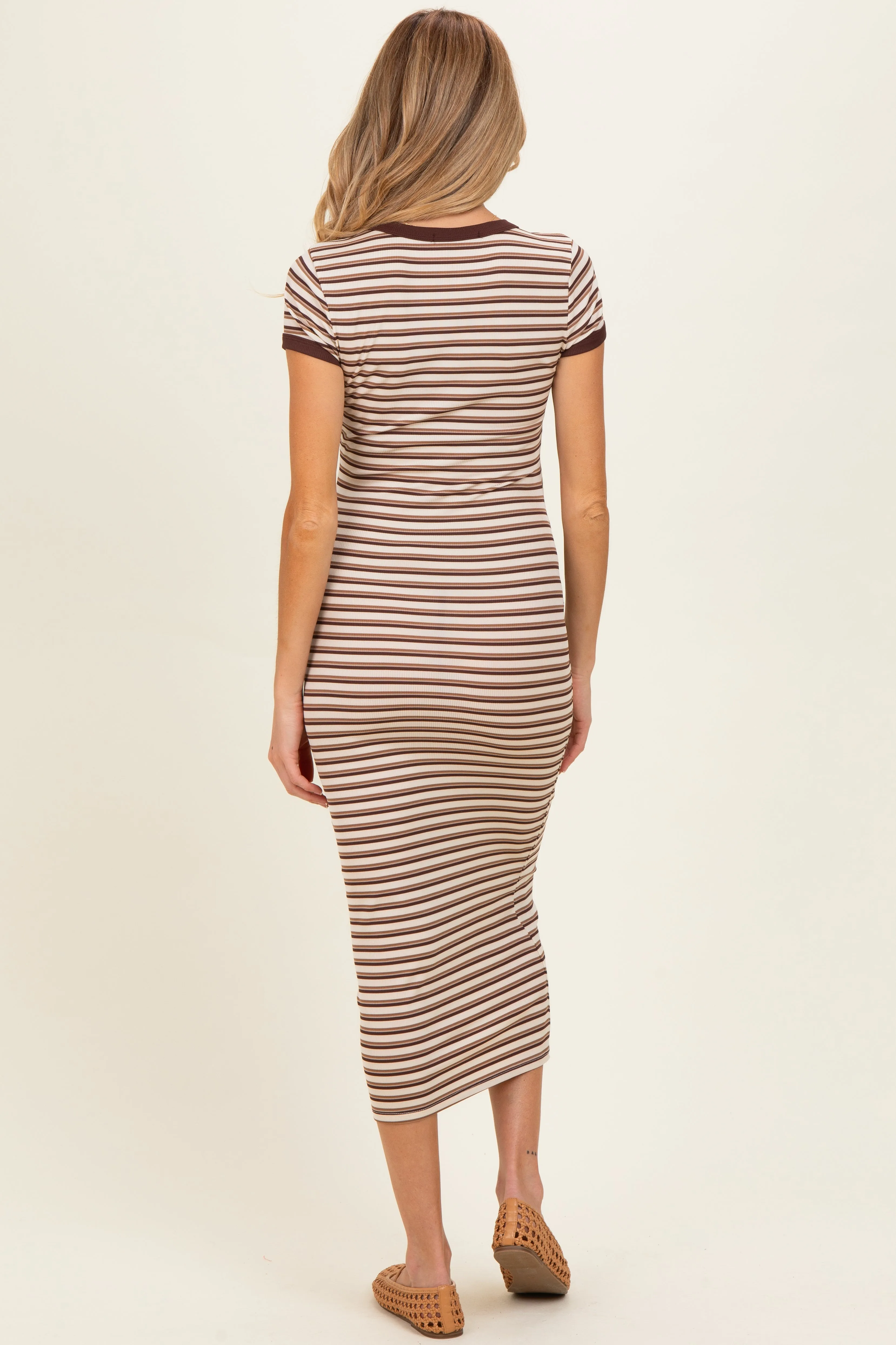 Ecru Striped Solid Trim Maternity Midi Dress sold by Pinkblush product image thumbnail 3