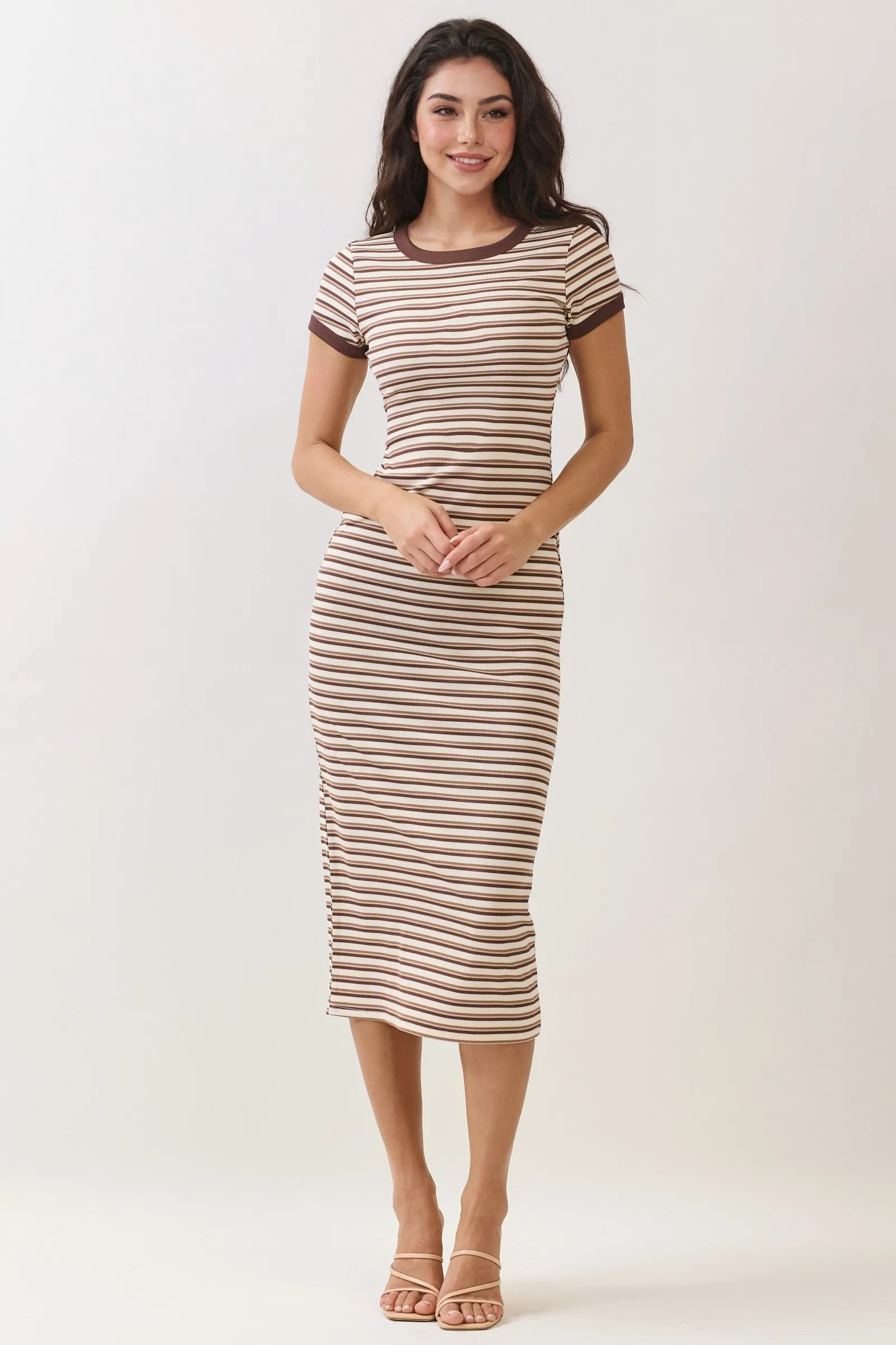 Ecru Striped Solid Trim Maternity Midi Dress sold by Pinkblush product image thumbnail 4