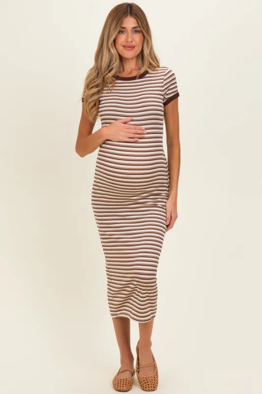 Ecru Striped Solid Trim Maternity Midi Dress made by Pinkblush