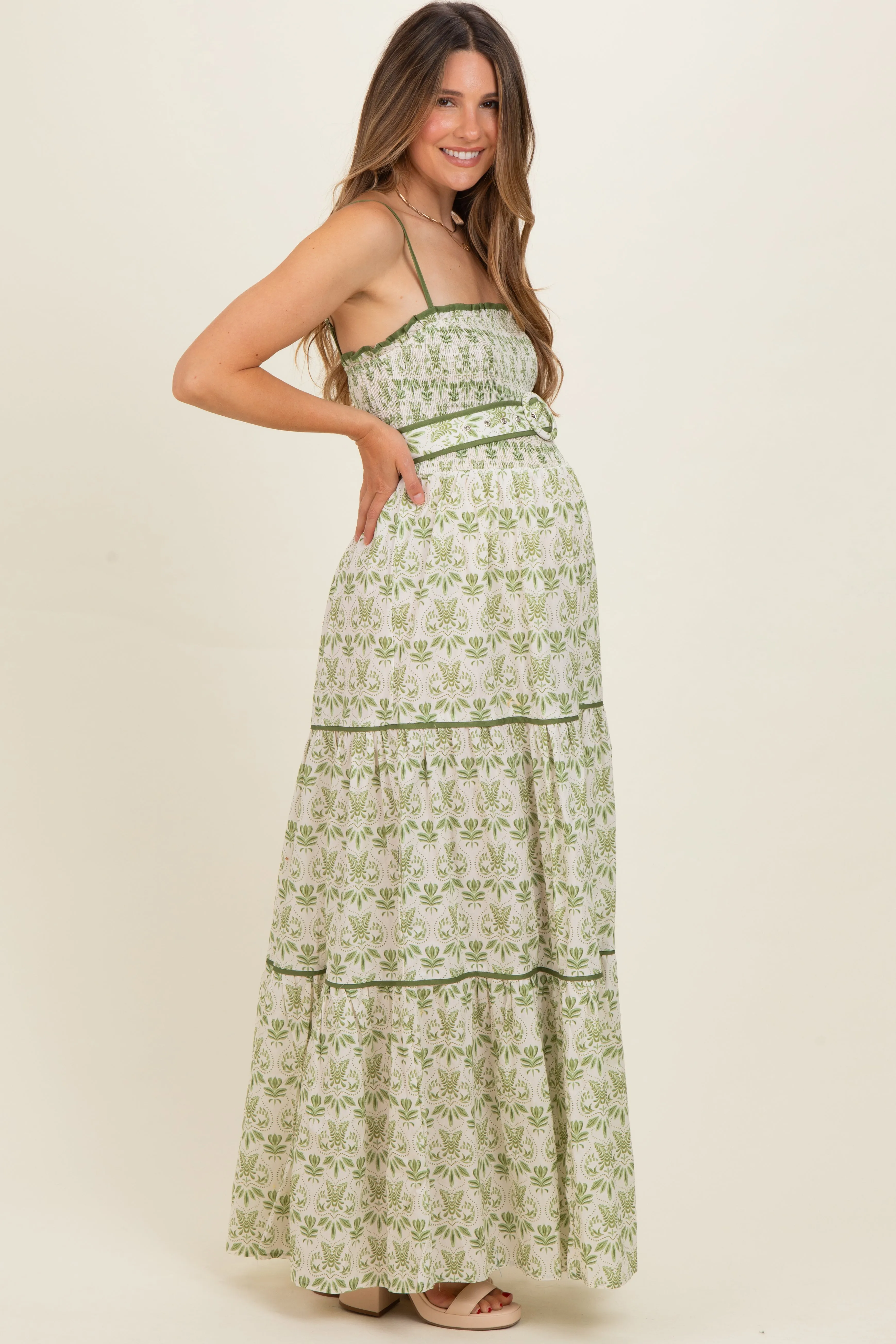 Green Printed Smocked Maternity Maxi Dress sold by Pinkblush product image thumbnail 3