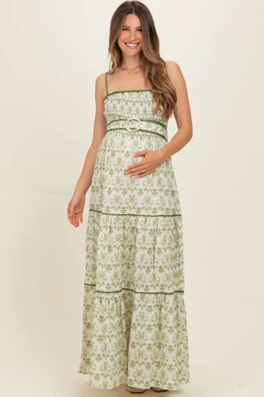 Green Printed Smocked Maternity Maxi Dress made by Flying Tomato