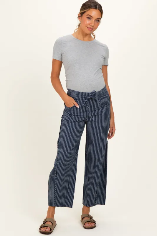 Indigo Pinstripe Drawstring Maternity Pants made by Pinkblush