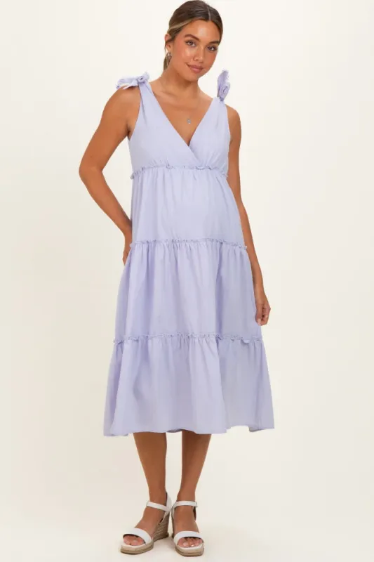 Lavender Tiered Shoulder Tie Maternity Midi Dress made by By Together