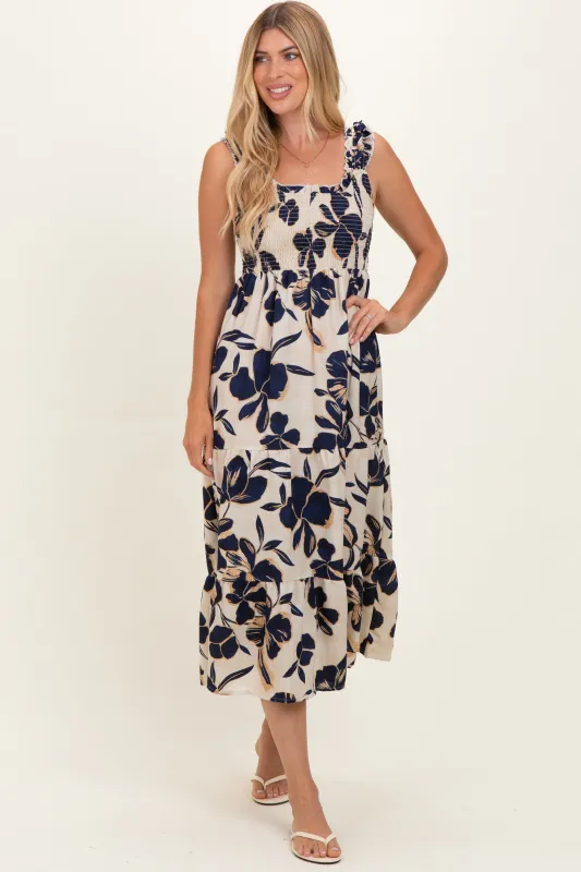 Navy Floral Smocked Tiered Midi Dress made by Pinkblush