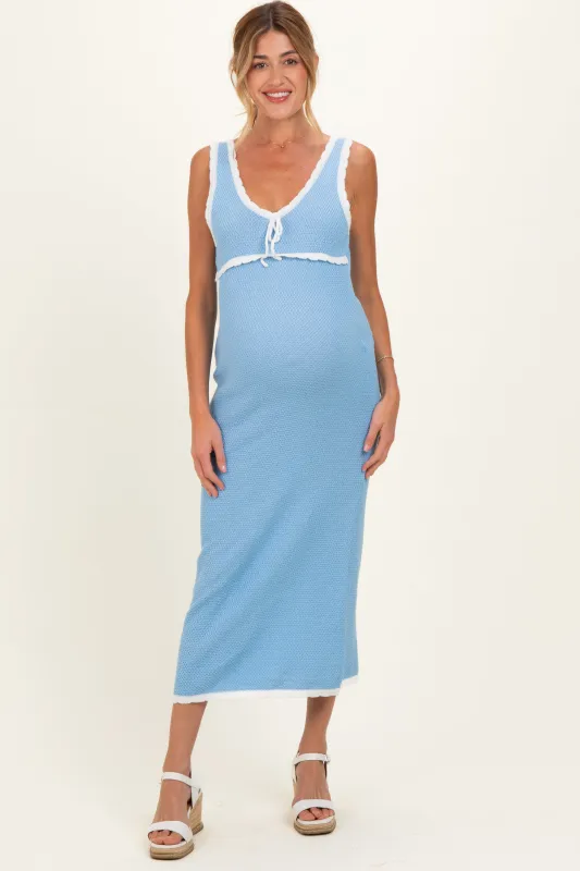 Light Blue Knit Sleeveless Contrast Trim Maternity Maxi Dress made by So Me