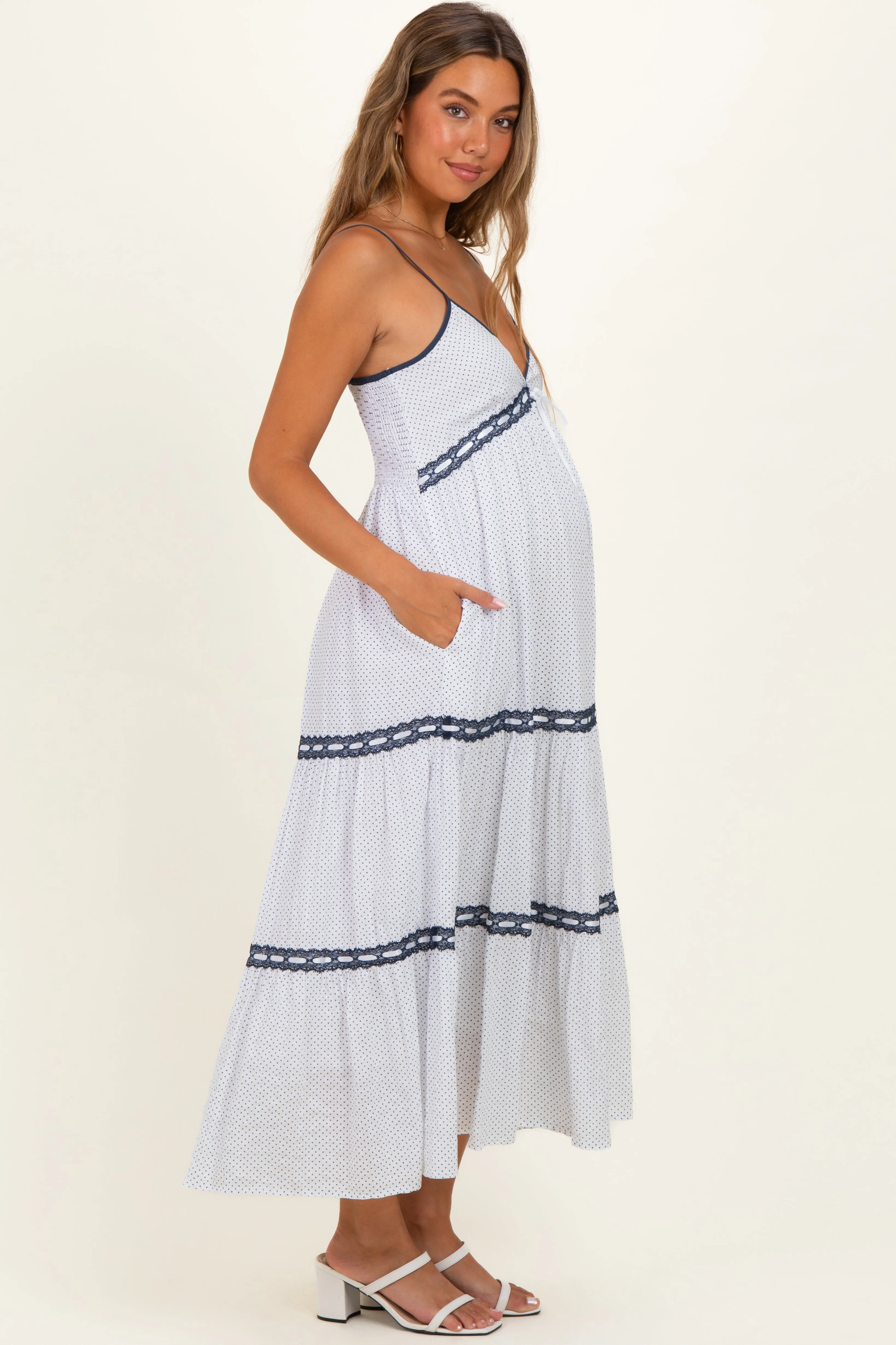 Off-White Printed Lace Tiered Maternity Maxi Dress sold by Pinkblush product image thumbnail 2