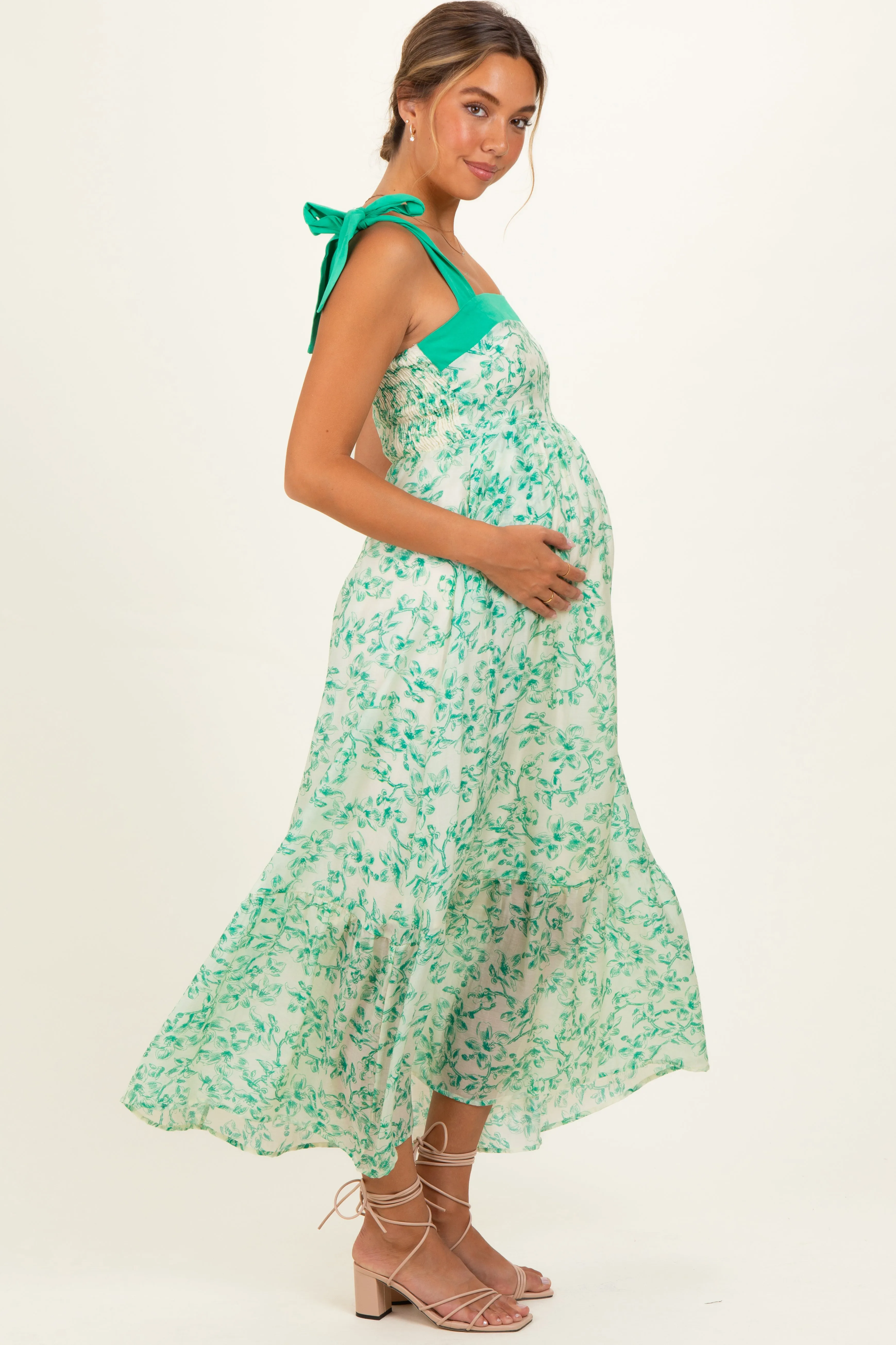 Green Floral Shoulder Bow Maternity Maxi Dress sold by Pinkblush product image thumbnail 2