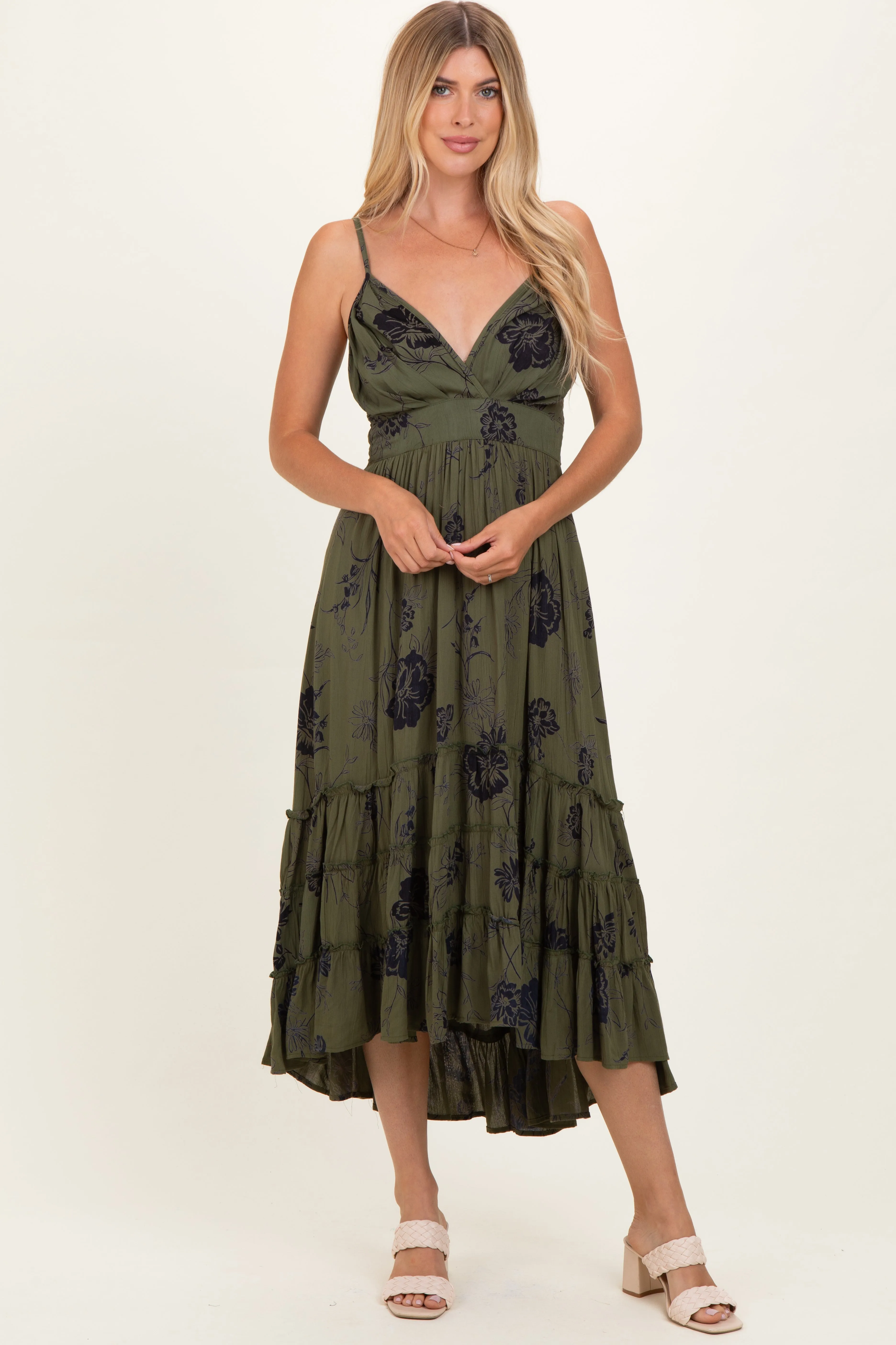 Olive Floral V-Neck Tiered Hi-Lo Dress sold by Pinkblush