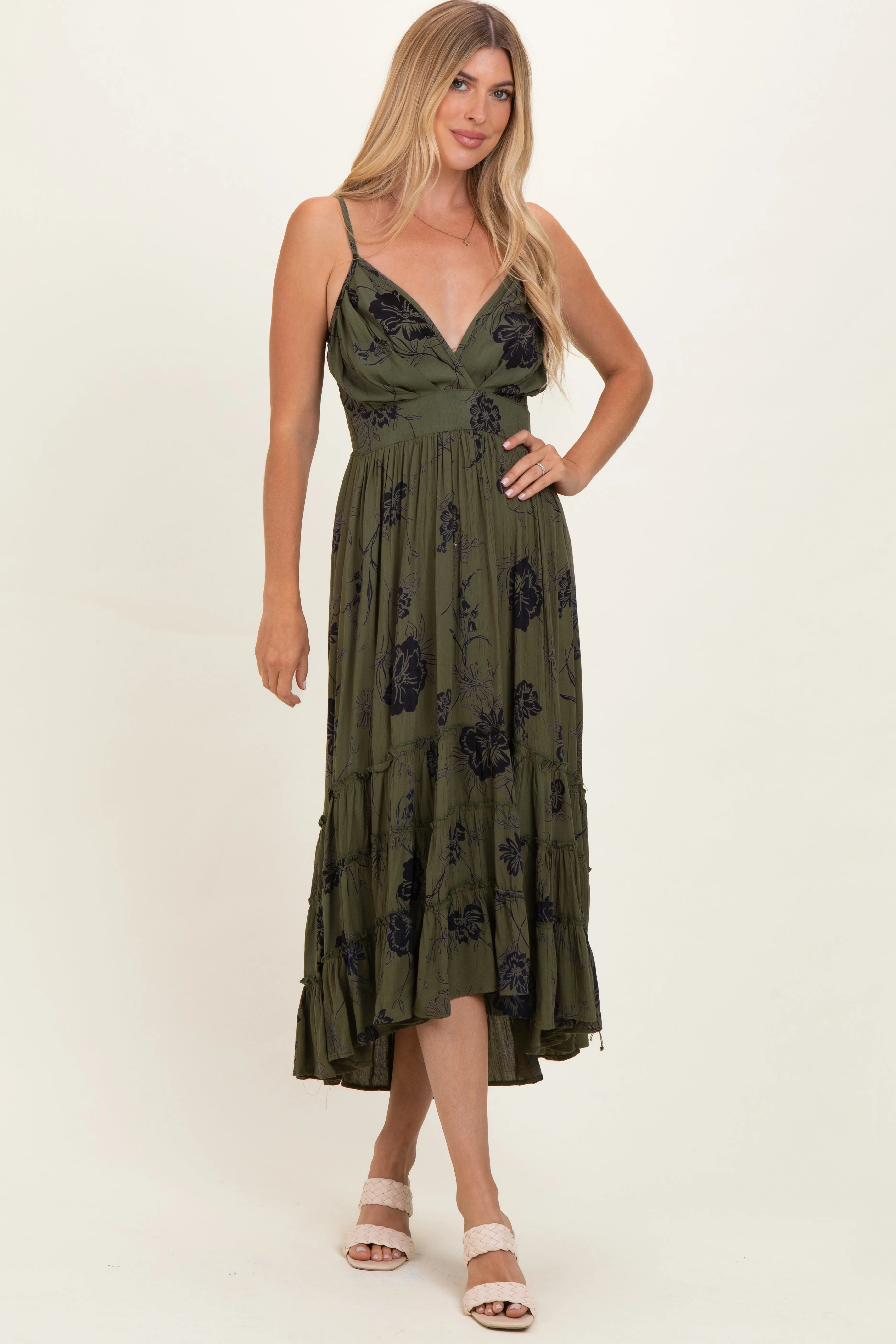 Olive Floral V-Neck Tiered Hi-Lo Dress sold by Pinkblush product image thumbnail 2