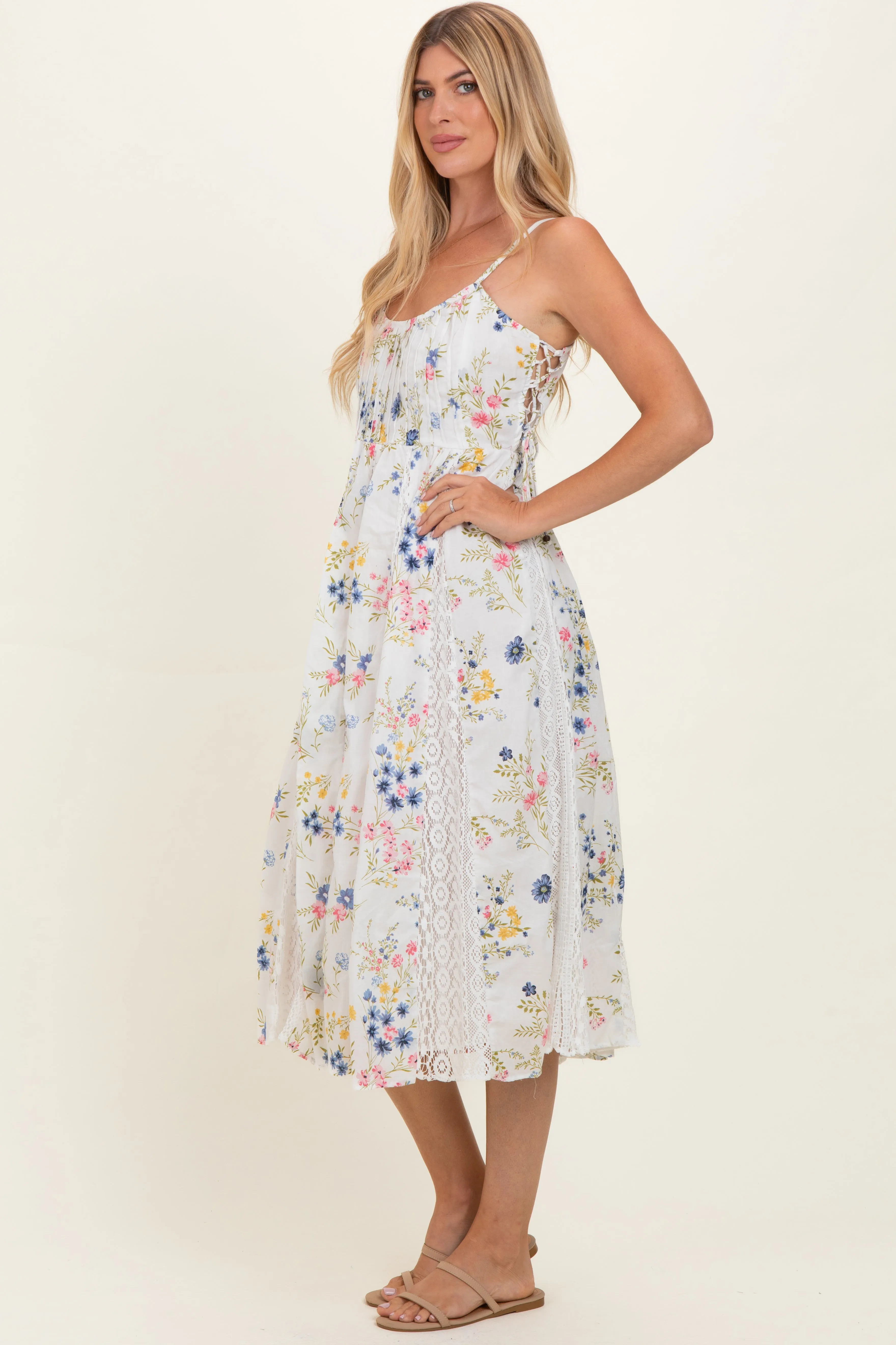 Ivory Floral Flutter Sleeve Smocked Midi Dress sold by Pinkblush product image thumbnail 3