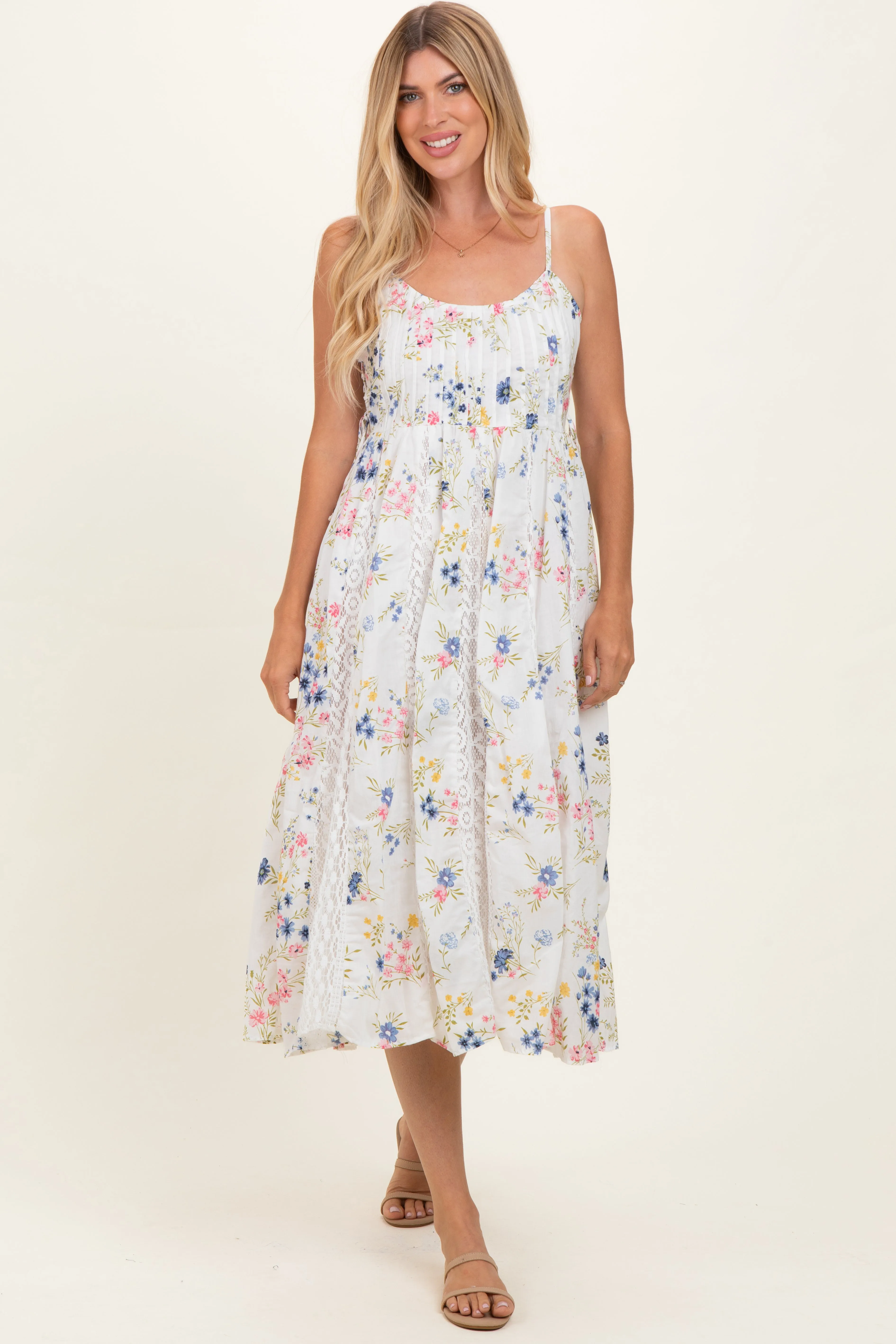 Ivory Floral Flutter Sleeve Smocked Midi Dress sold by Pinkblush product image thumbnail 2