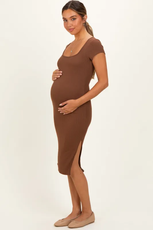 Cocoa Square Neck Side Slit Maternity Midi Dress made by Pinkblush