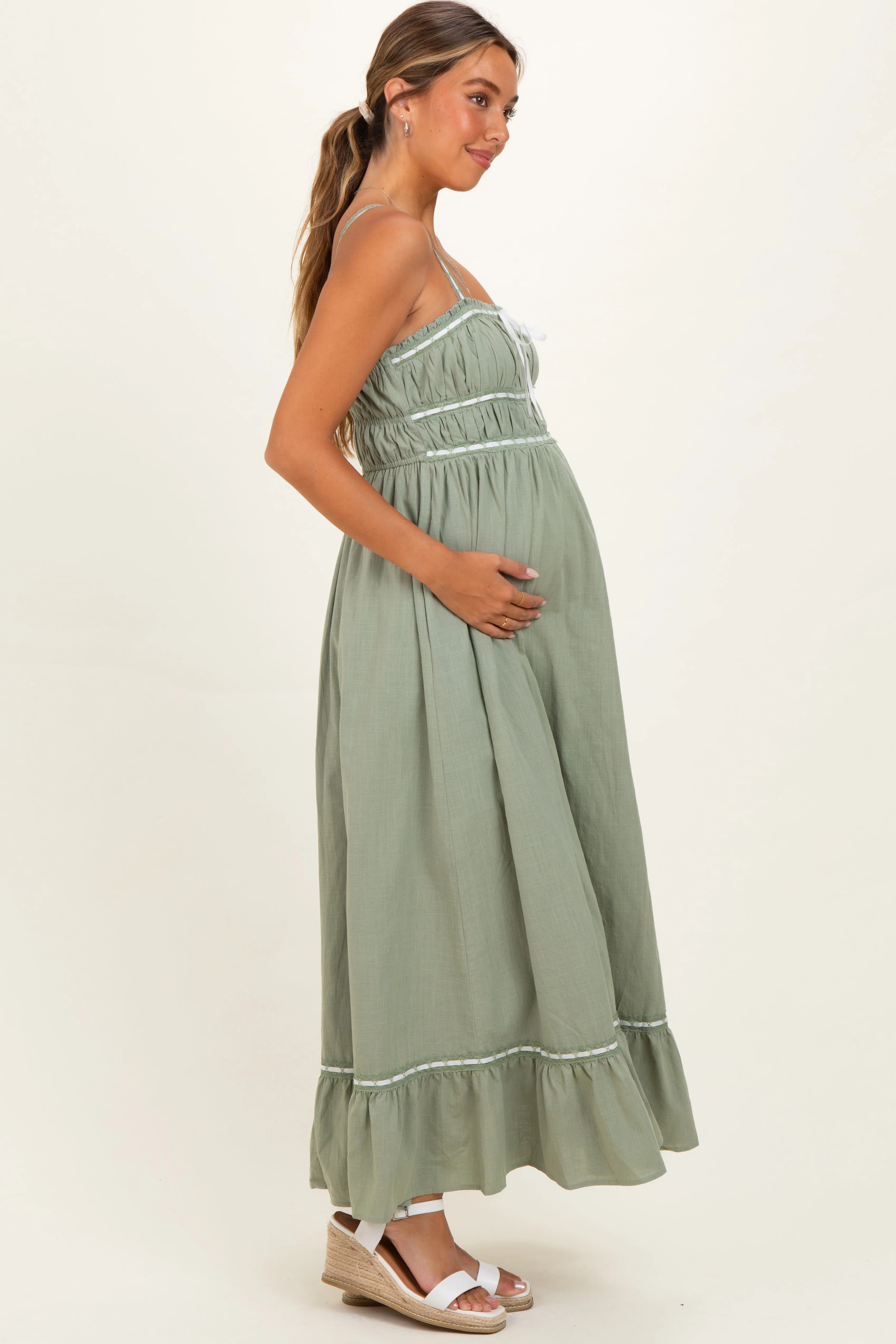 Light Olive Lace Ribbon Detail Maternity Maxi Dress sold by Pinkblush product image thumbnail 2