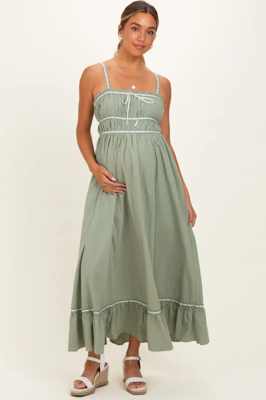Light Olive Lace Ribbon Detail Maternity Maxi Dress made by Inloom